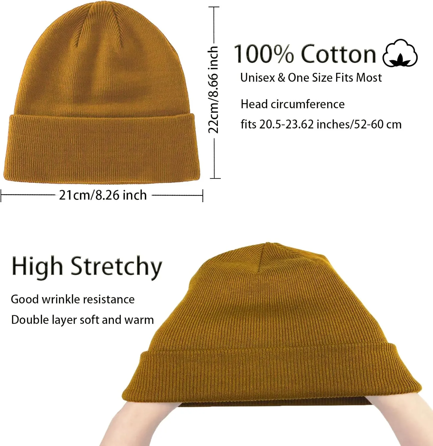 100% Cotton Beanie Hats for Women Men Winter Soft Warm Knit Cuffed Hats Fisherman Beanie Skull Cap Unisex