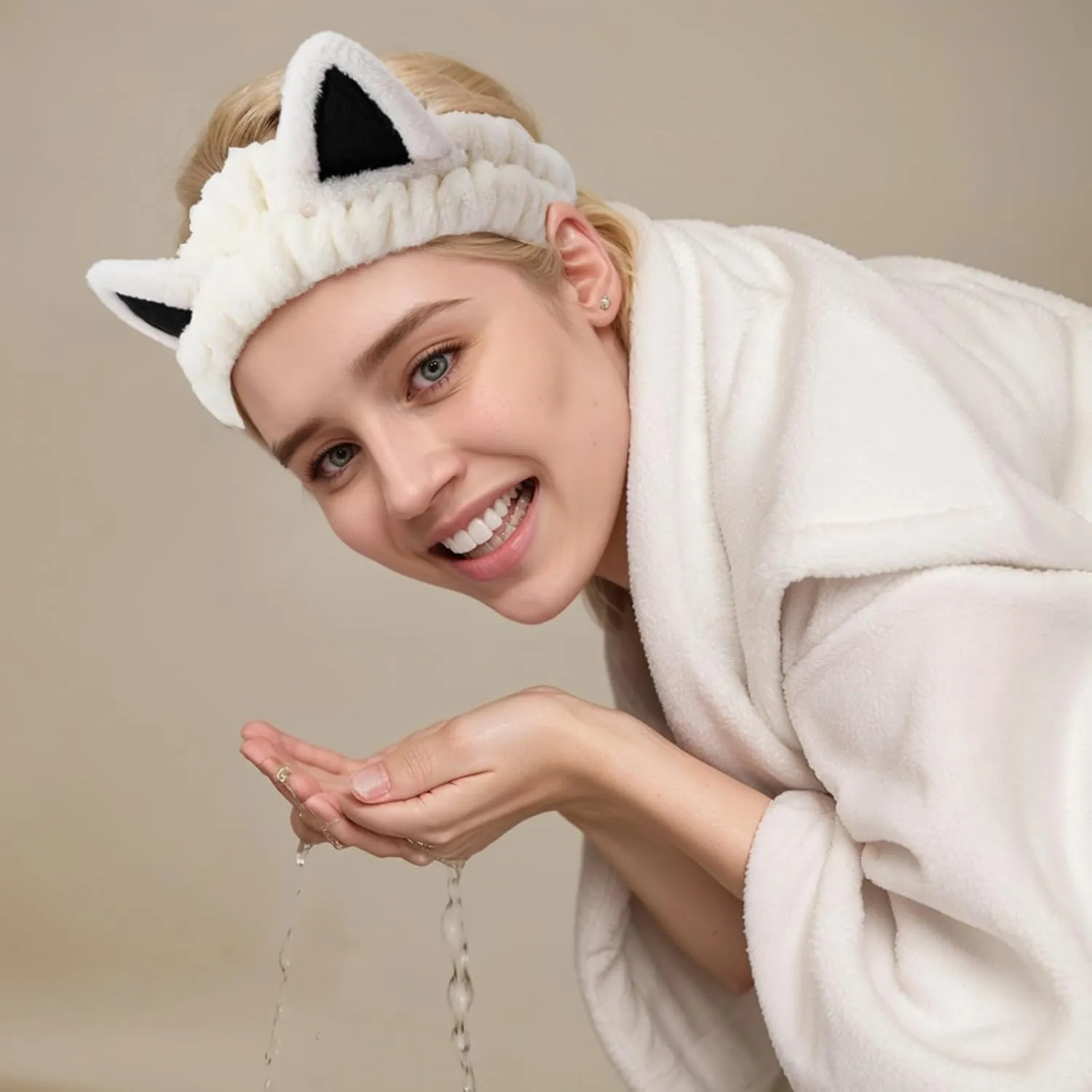 2 Pcs Cat Ears Headband, Cute Spa Headbands for Washing Face Skincare Makeup Headbands for Women Girls Trendy Stuff Present Soft Coral Fleece Hair Accessories(Beige Khaki)