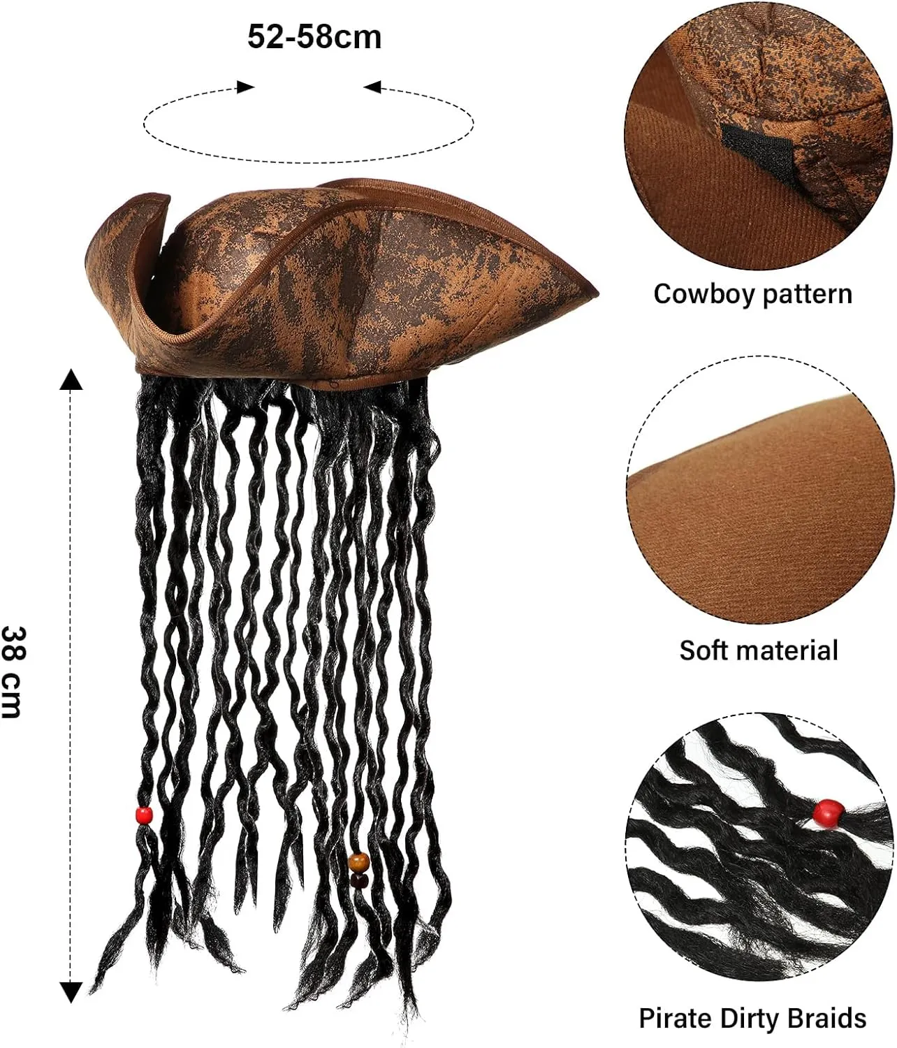 5 Pieces Halloween Pirate Costume Set, Pirate Hat with Dreadlocks Earrings Skull Necklace Eye Patch Large Sash for Men Women
