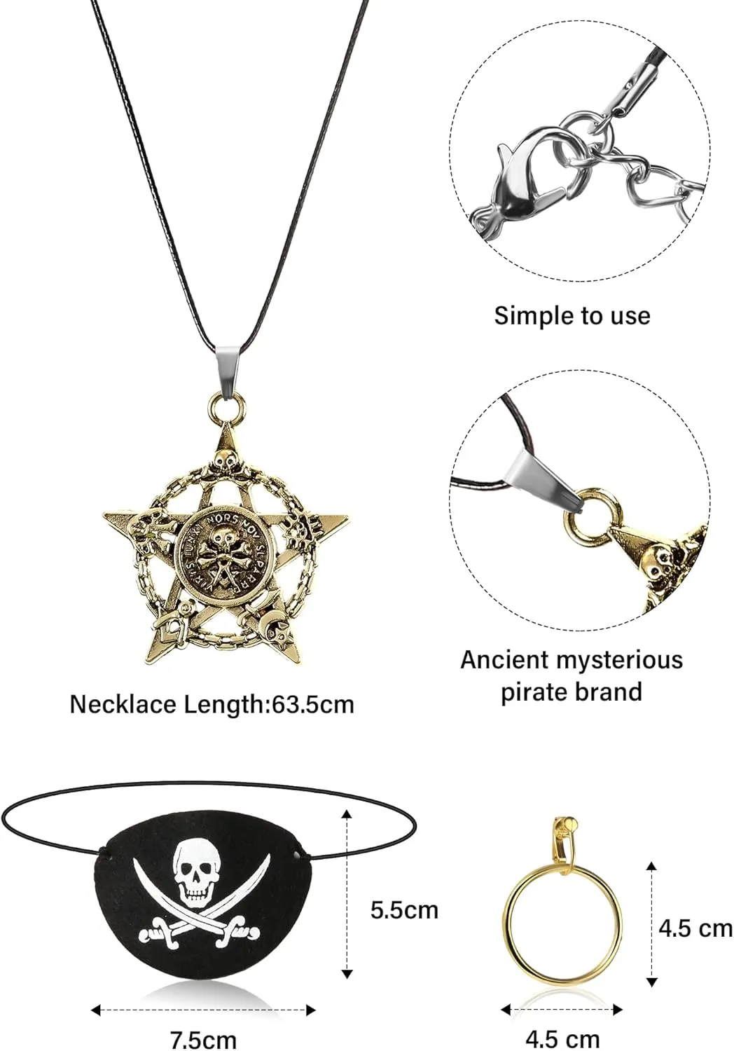 5 Pieces Halloween Pirate Costume Set, Pirate Hat with Dreadlocks Earrings Skull Necklace Eye Patch Large Sash for Men Women