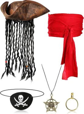 5 Pieces Halloween Pirate Costume Set, Pirate Hat with Dreadlocks Earrings Skull Necklace Eye Patch Large Sash for Men Women