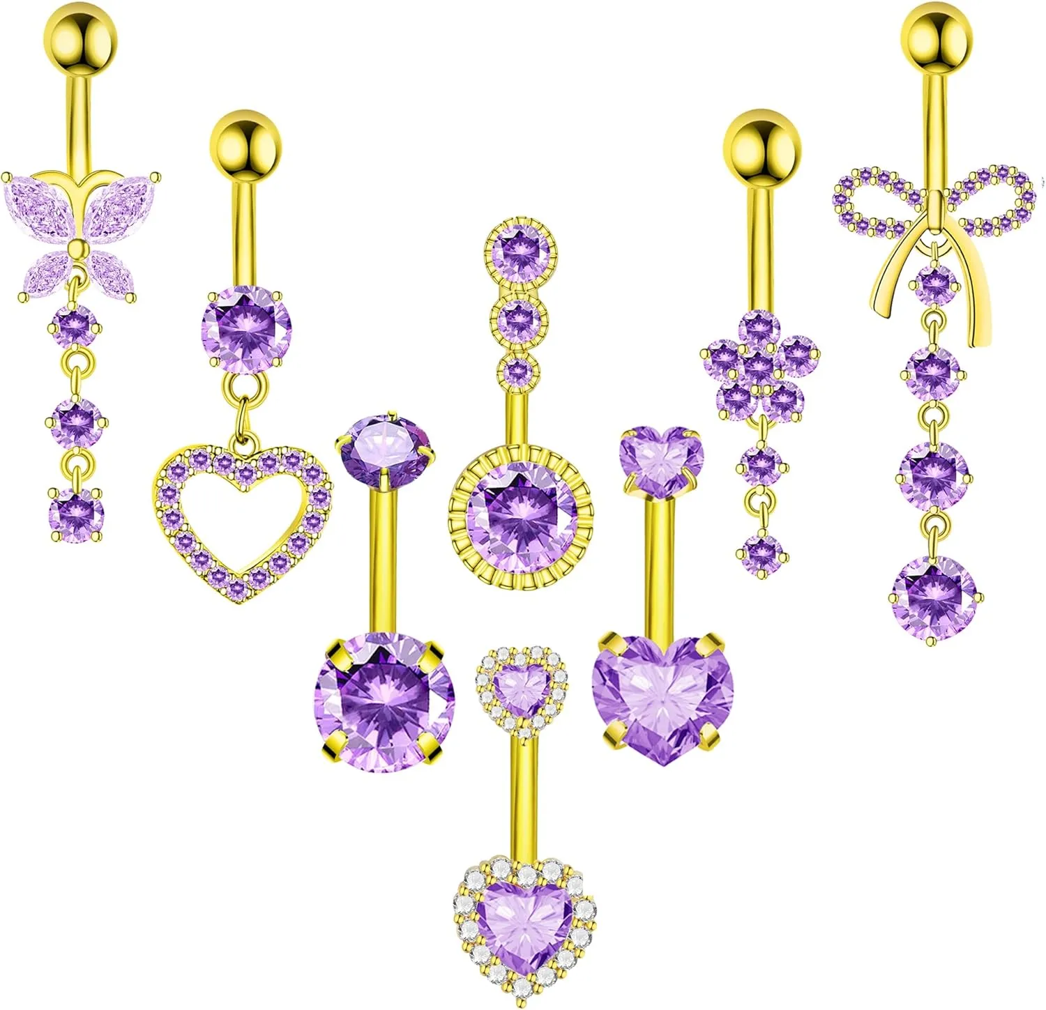 8Pcs Gold Pink Silver Belly Button Ring Dangle Navel Belly Piercing Jewelry Cute CZ Butterfly Heart Flower Bow Navel Belly Rings for Women 14G Hypoallergenic Surgical Stainless Steel Dainty Dangling Dangly Belly Button Piercing Pack
