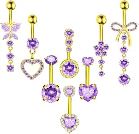 8Pcs Gold Pink Silver Belly Button Ring Dangle Navel Belly Piercing Jewelry Cute CZ Butterfly Heart Flower Bow Navel Belly Rings for Women 14G Hypoallergenic Surgical Stainless Steel Dainty Dangling Dangly Belly Button Piercing Pack
