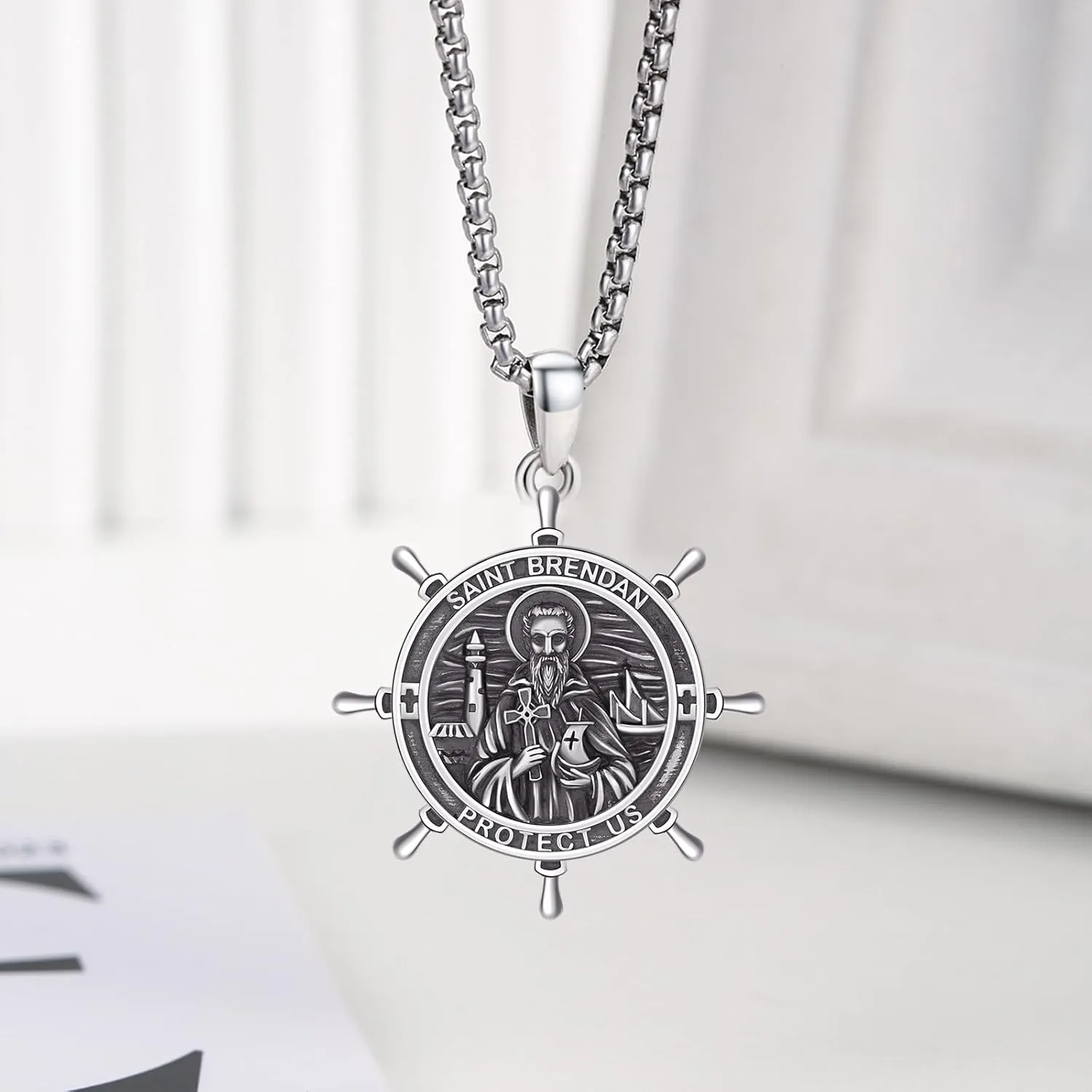 925 Sterling Silver Patron Saint Medal Necklace Religion Catholic Saint Amulet Protection Pendant Jewelry for Men Women with Jewelry Box