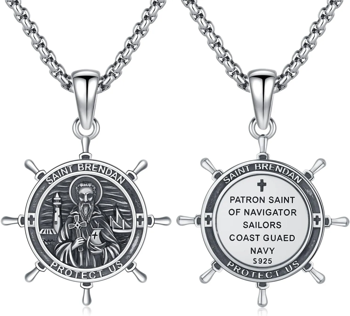 925 Sterling Silver Patron Saint Medal Necklace Religion Catholic Saint Amulet Protection Pendant Jewelry for Men Women with Jewelry Box