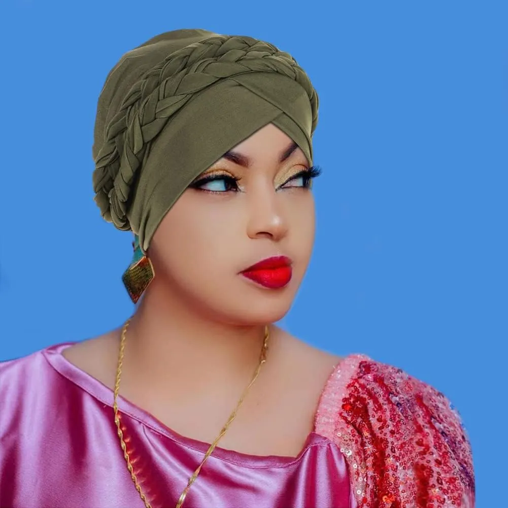 African Women Turban Caps Beanie Twist Headscarf Pre Tied Double Braid Headwrap Hat