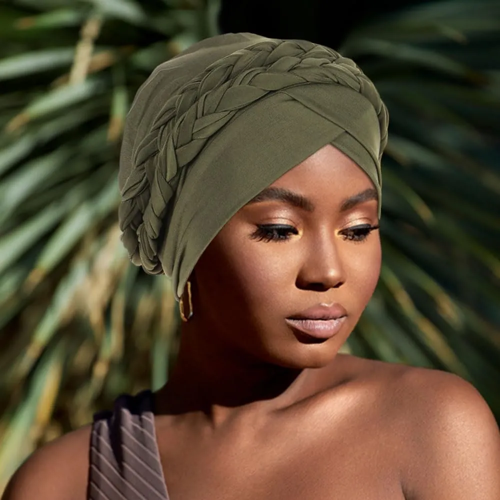 African Women Turban Caps Beanie Twist Headscarf Pre Tied Double Braid Headwrap Hat