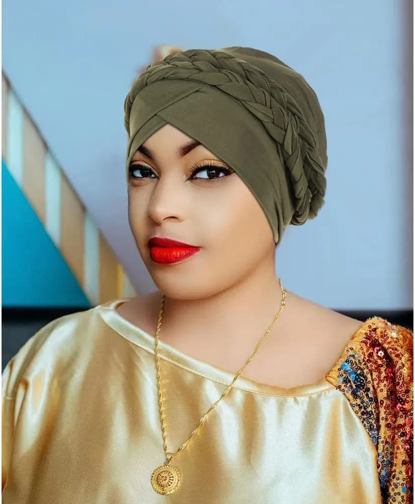 African Women Turban Caps Beanie Twist Headscarf Pre Tied Double Braid Headwrap Hat