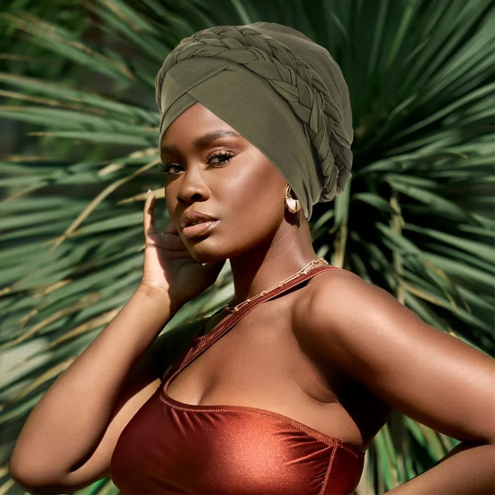 African Women Turban Caps Beanie Twist Headscarf Pre Tied Double Braid Headwrap Hat