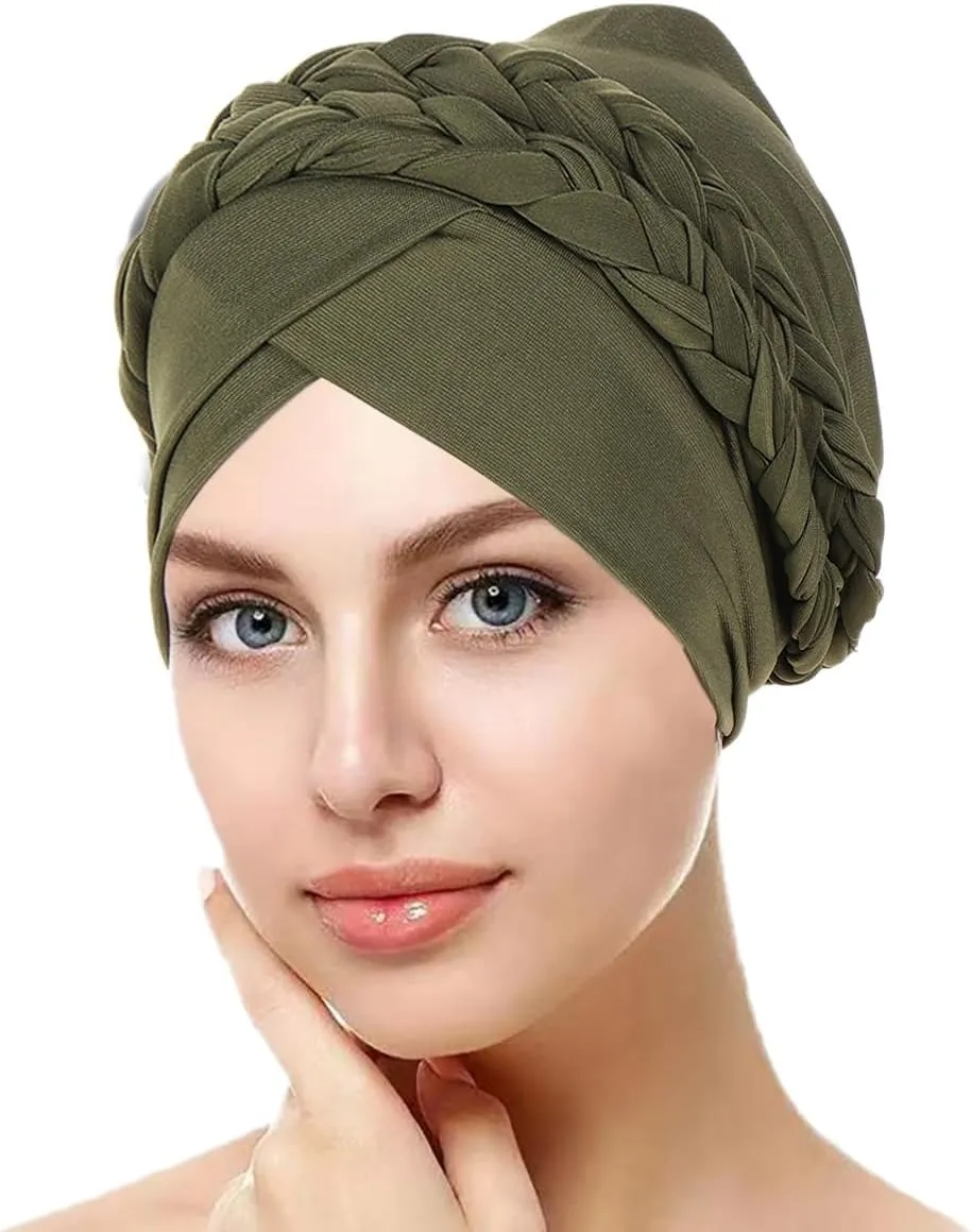 African Women Turban Caps Beanie Twist Headscarf Pre Tied Double Braid Headwrap Hat