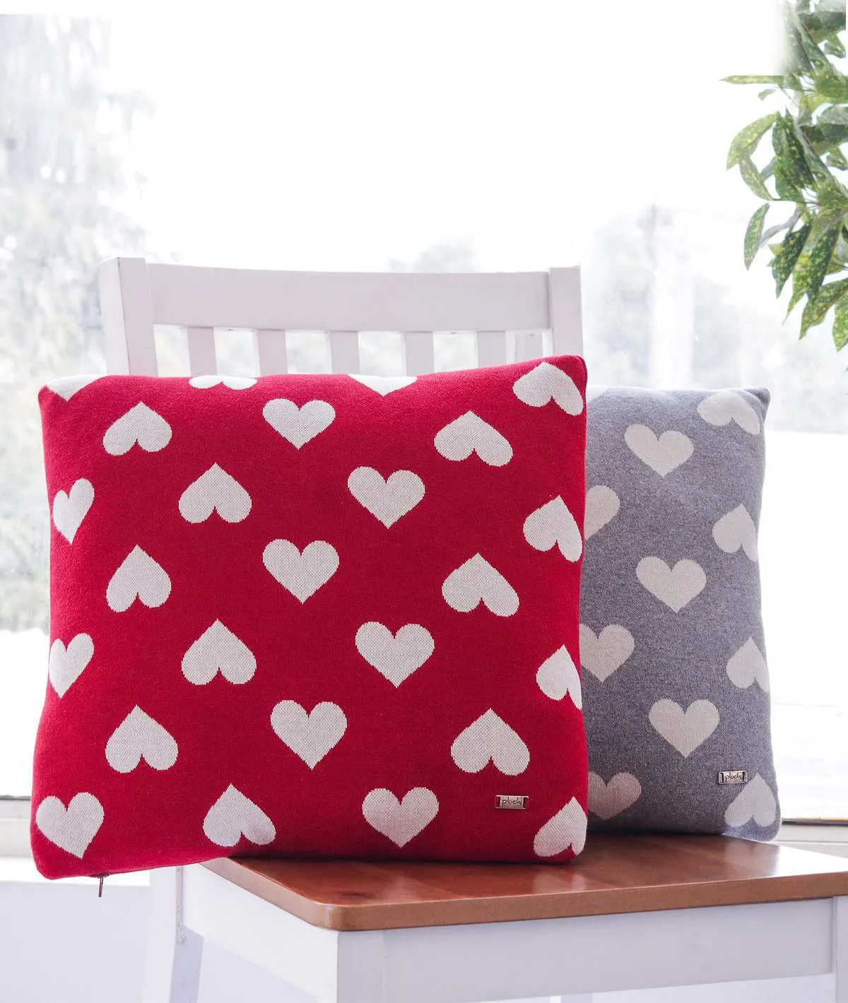 All Over Hearts Cotton Knitted Decorative Red & Natural Color 16 x 16 Inches Cushion Cover