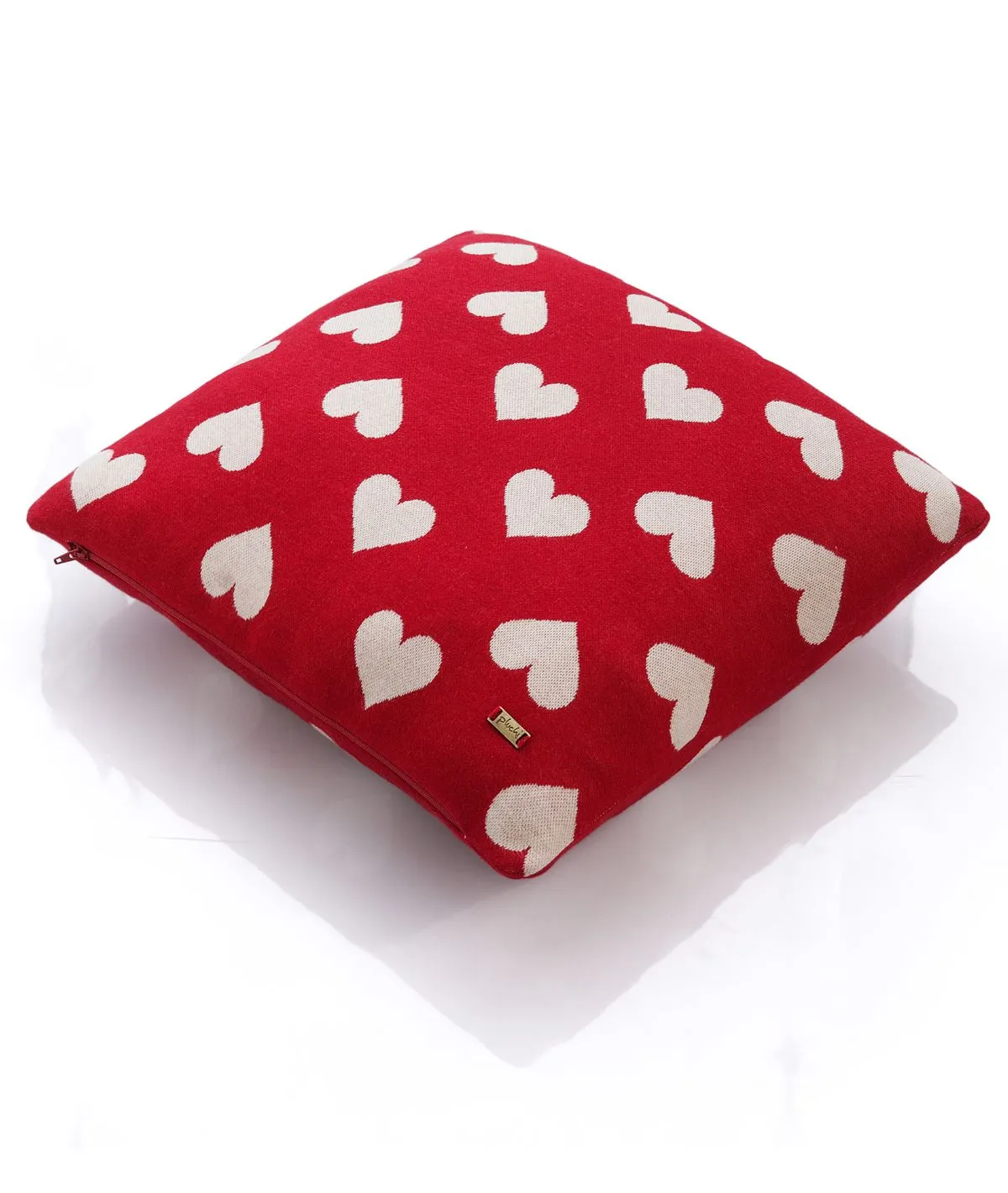 All Over Hearts Cotton Knitted Decorative Red & Natural Color 16 x 16 Inches Cushion Cover