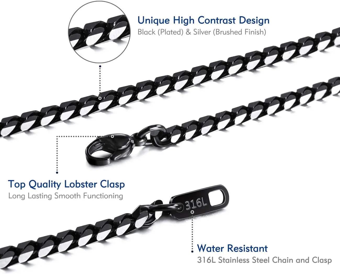Black Chain Necklace for Men Women Water Resistent 316L Stainless Steel Big Thick Cuban Link Chains Plated & Brushed finish Silver Color with Gift Box (3.5-8 MM Wide, 14-36 Inches Long)
