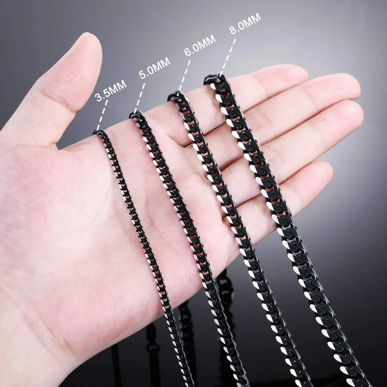 Black Chain Necklace for Men Women Water Resistent 316L Stainless Steel Big Thick Cuban Link Chains Plated & Brushed finish Silver Color with Gift Box (3.5-8 MM Wide, 14-36 Inches Long)