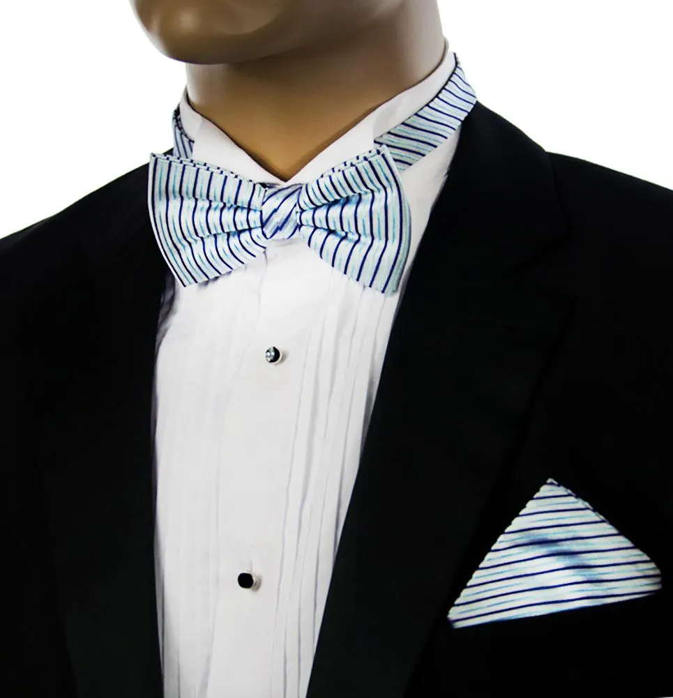Blue Striped Silk Bow Tie and Pocket Square Set
