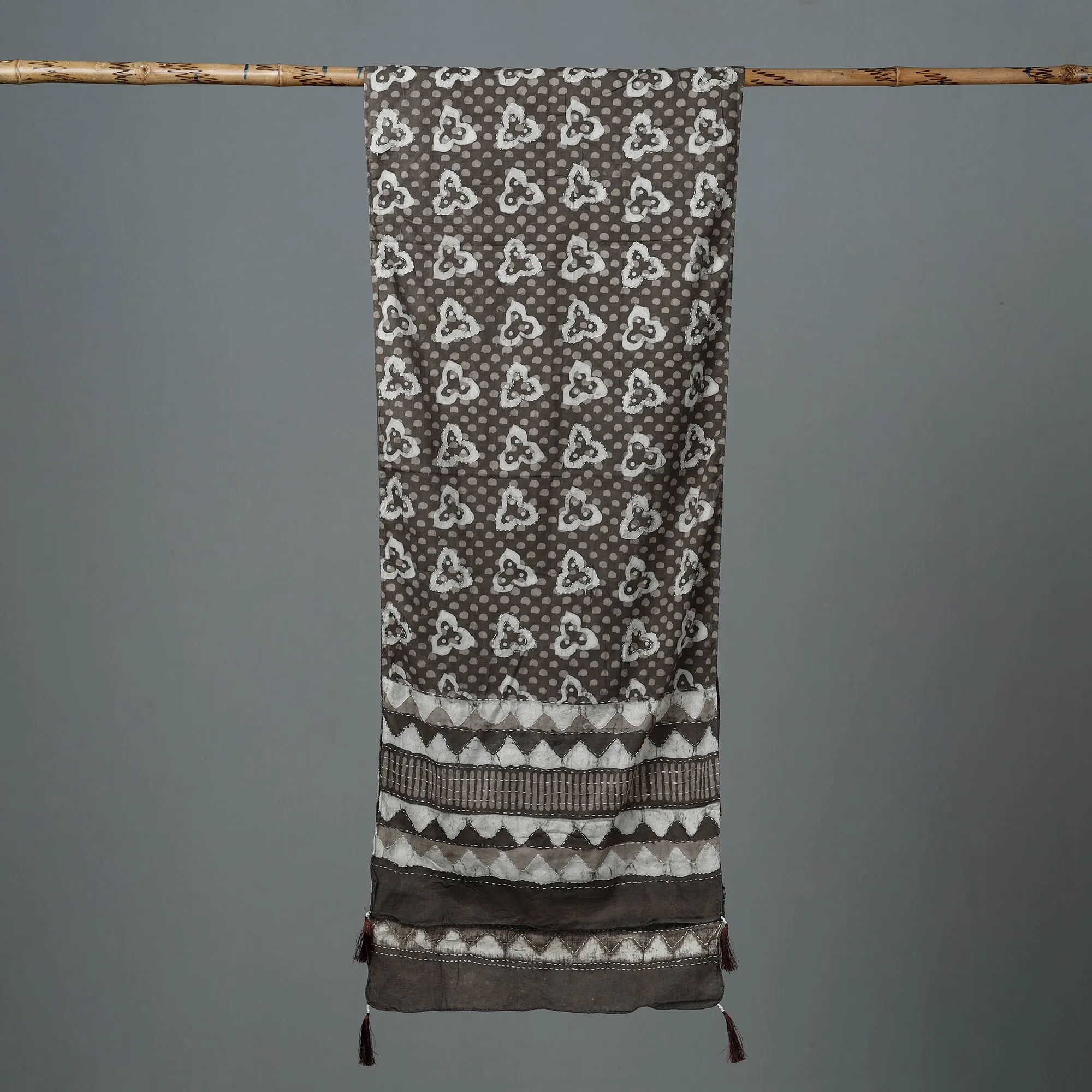 Brown - Bagru Block Printed Tagai Work Cotton Stole with Tassels