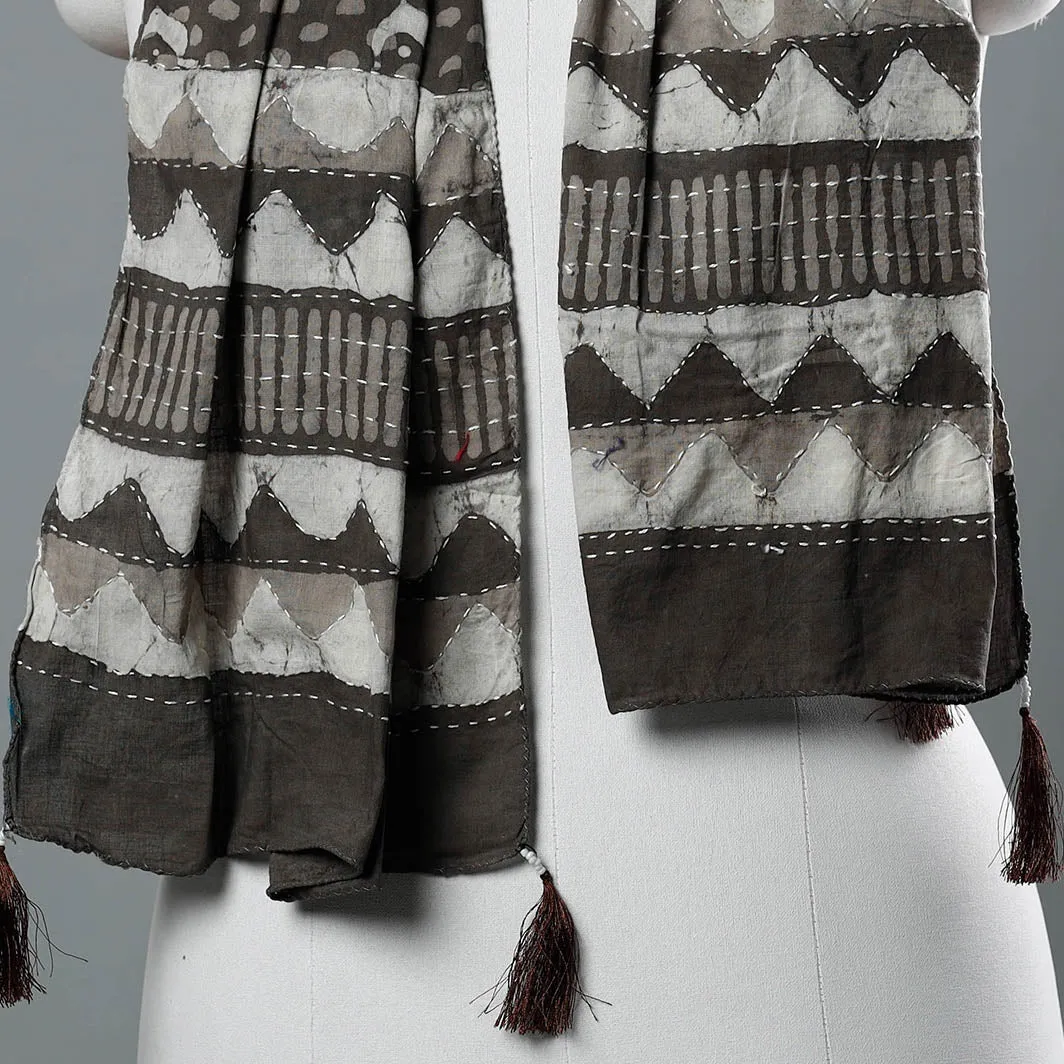 Brown - Bagru Block Printed Tagai Work Cotton Stole with Tassels