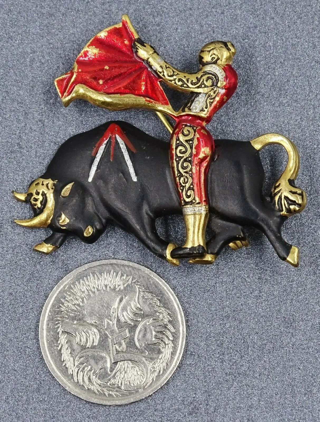 Bull Fighting Enamel & Gold Toned Vintage Brooch