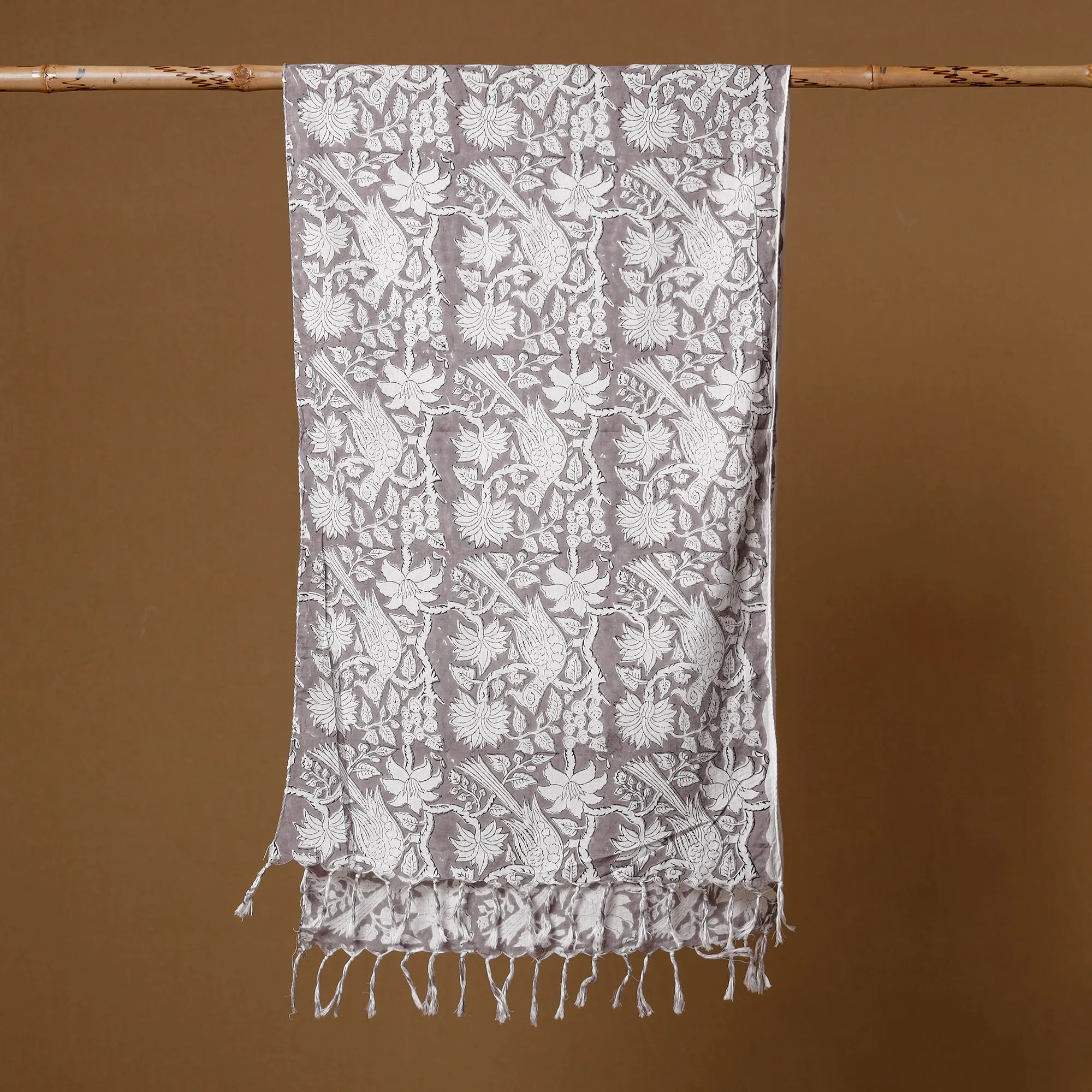 Chidiya Butti Grey with White Sanganeri Block Printed Cotton Stoles With Tassels