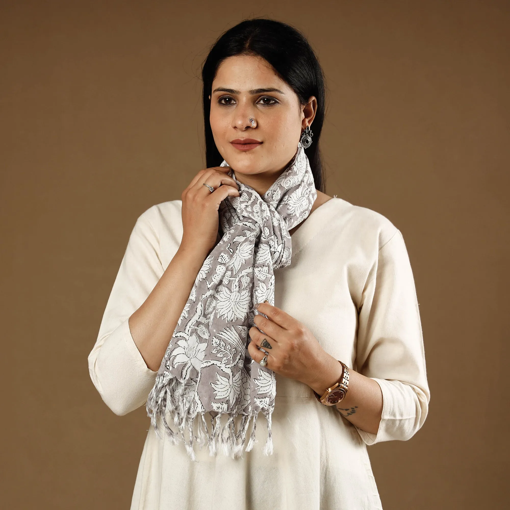 Chidiya Butti Grey with White Sanganeri Block Printed Cotton Stoles With Tassels