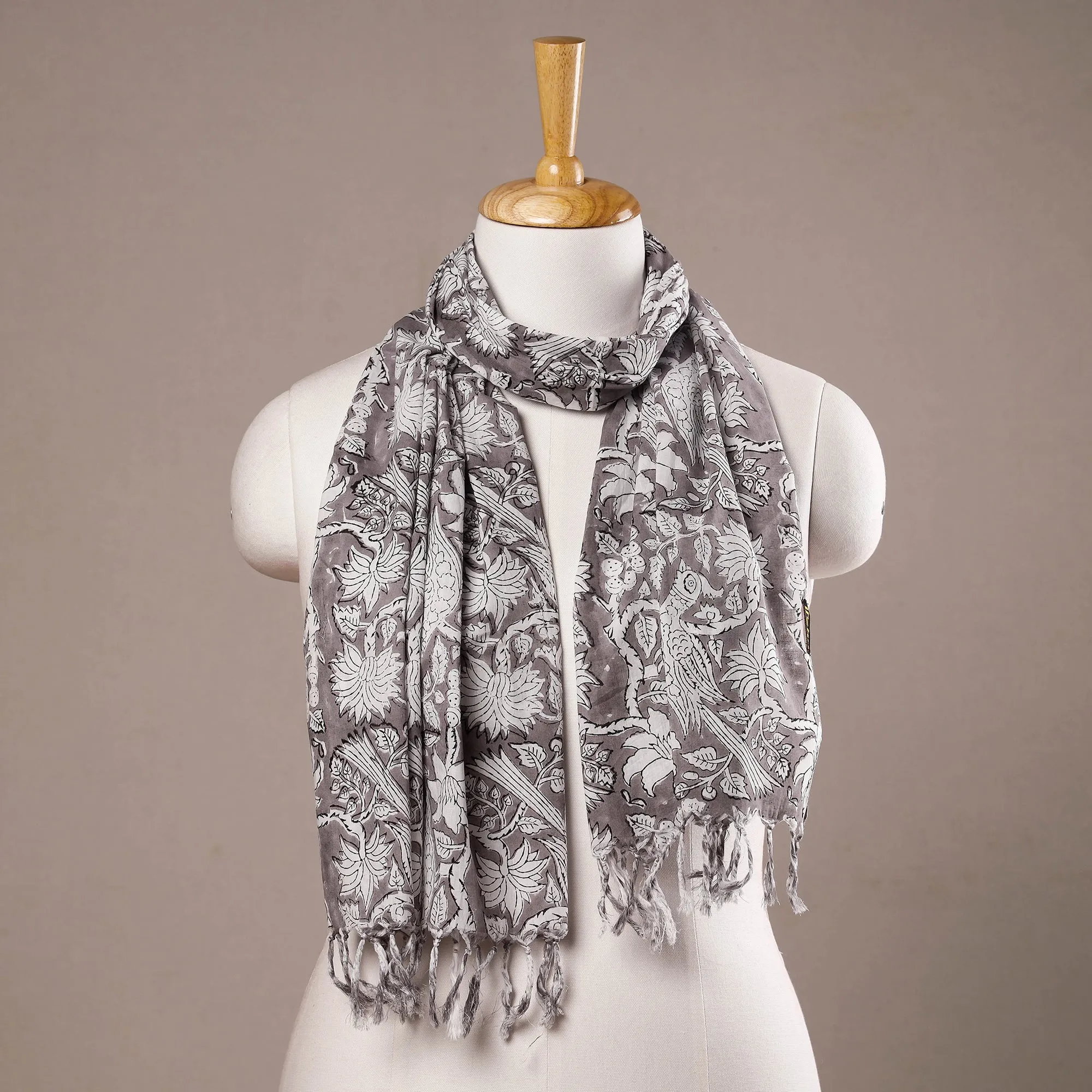 Chidiya Butti Grey with White Sanganeri Block Printed Cotton Stoles With Tassels