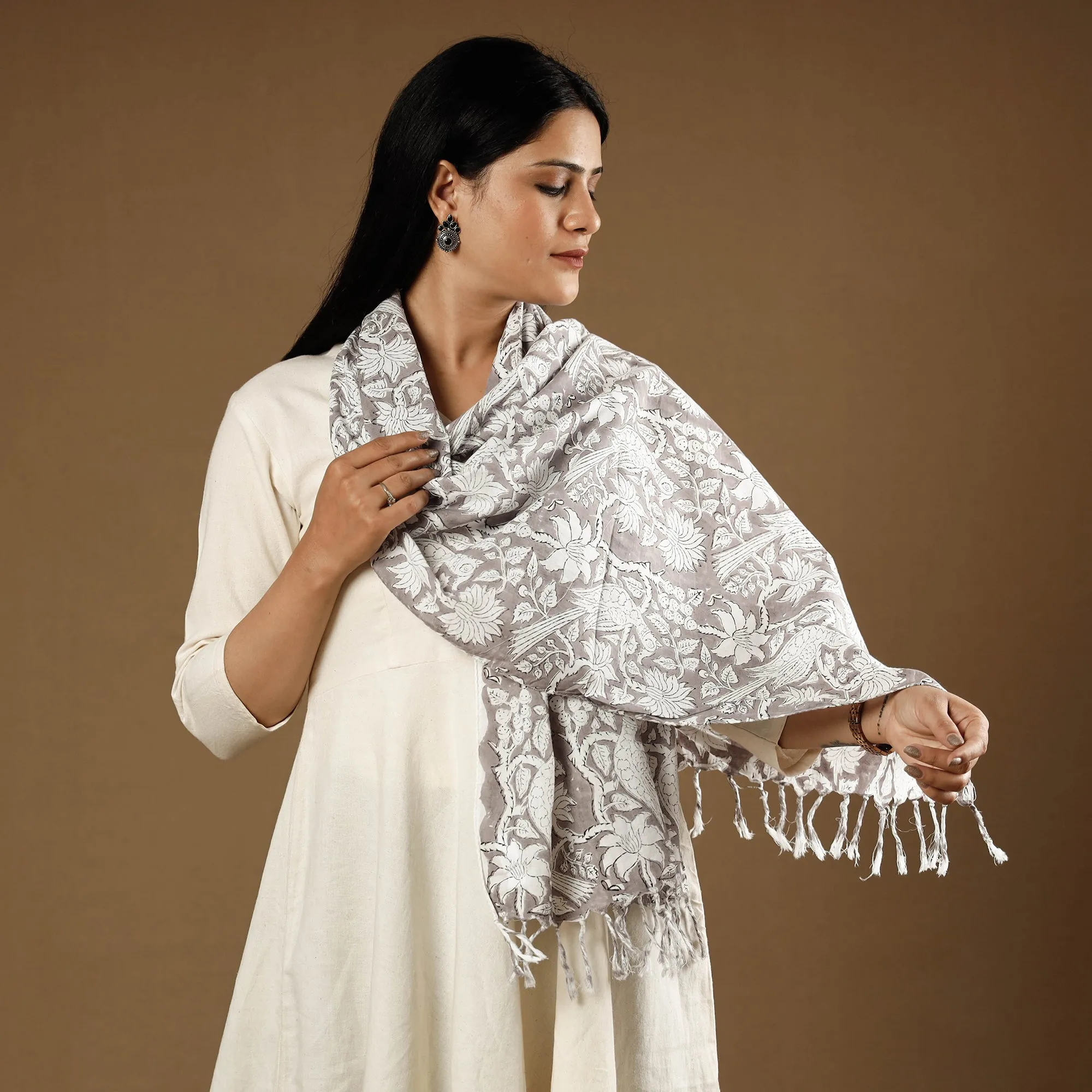 Chidiya Butti Grey with White Sanganeri Block Printed Cotton Stoles With Tassels