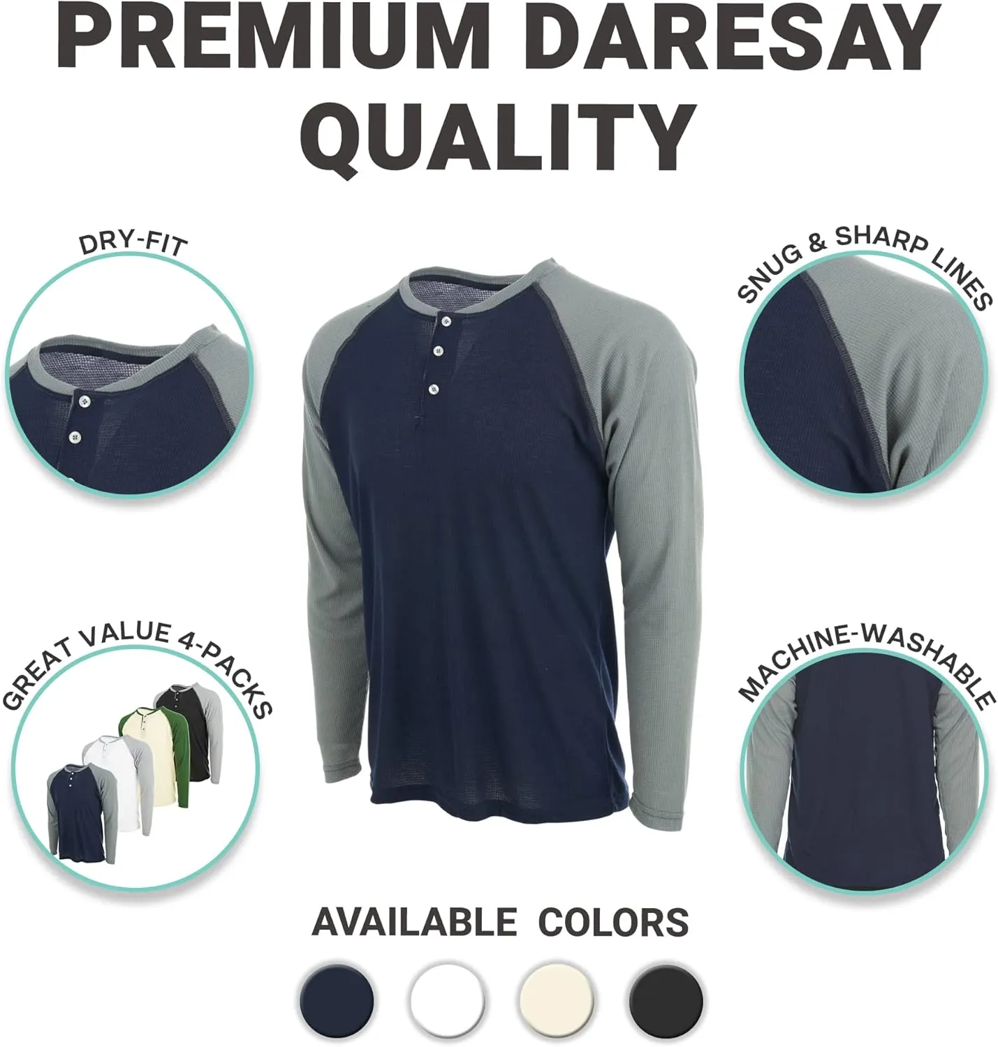 DARESAY 3 Pack: Thermal Long Sleeve Tee Shirt for Men- Henley & Crew Long Sleeve Shirts for Men  Mens Long Sleeve T Shirts
