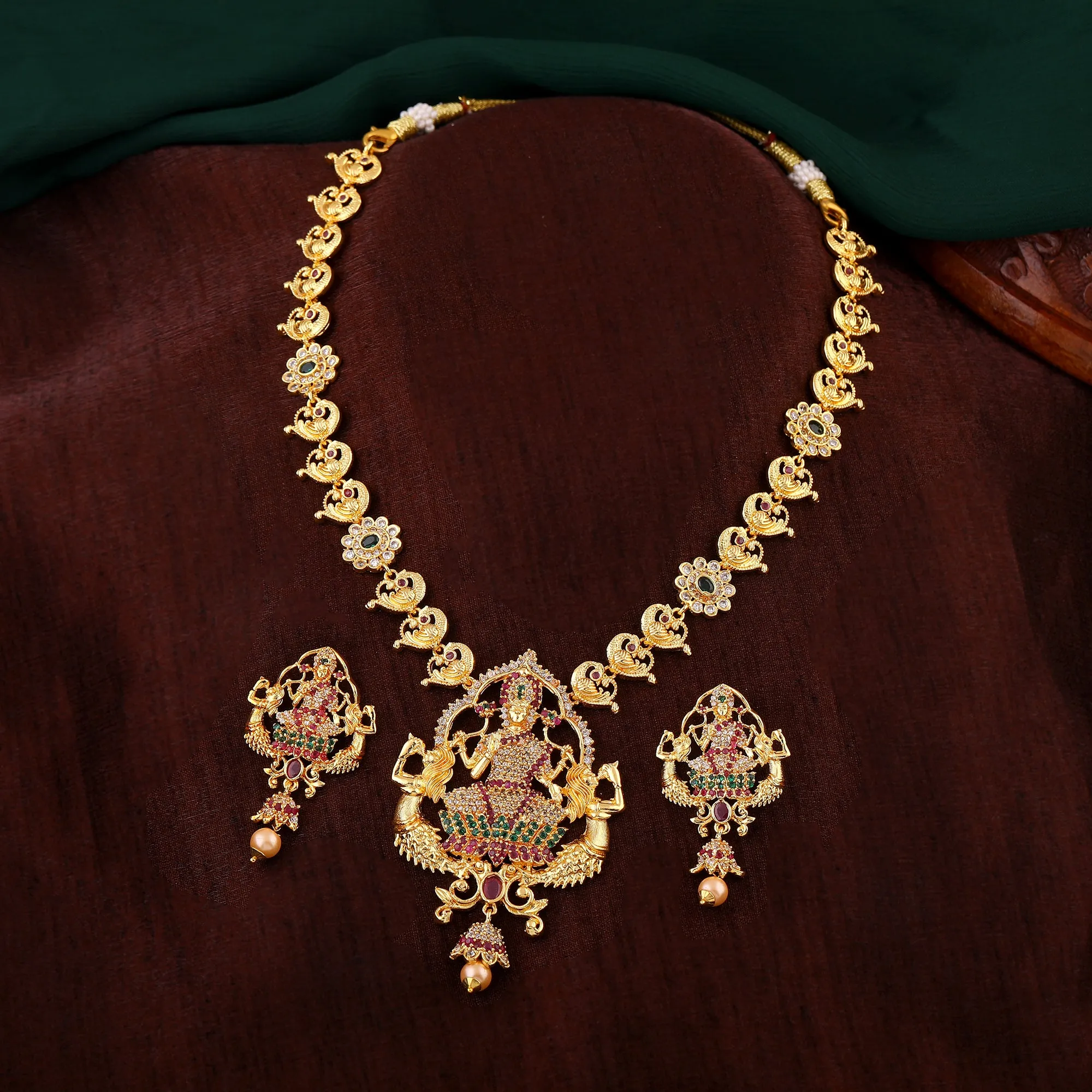 Estele Gold Plated CZ Lakshmi Devi Designer Bridal Necklace Set for Women