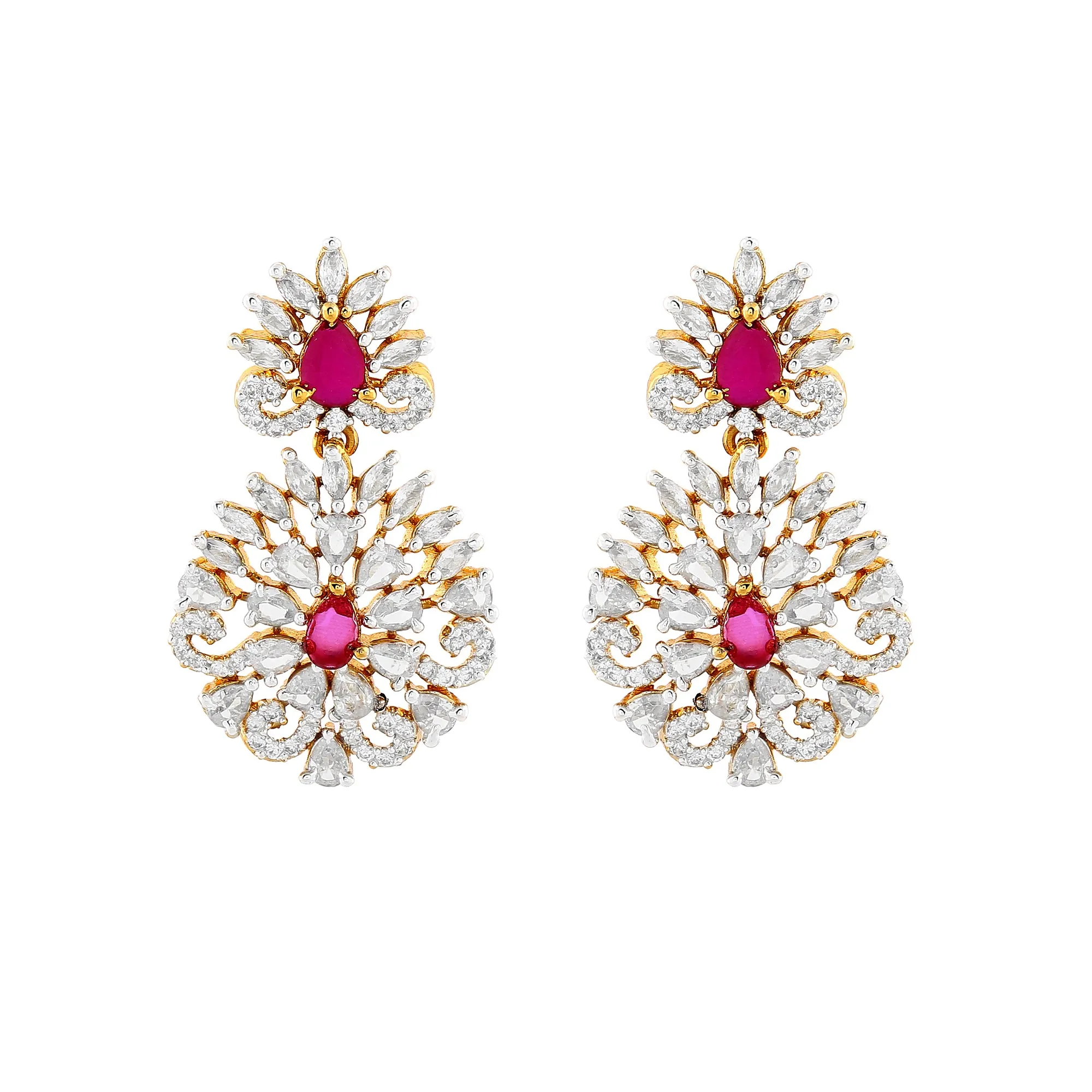 Estele Gold Plated CZ Radiance Flower Designer Earrings with Pink Crystals for Women