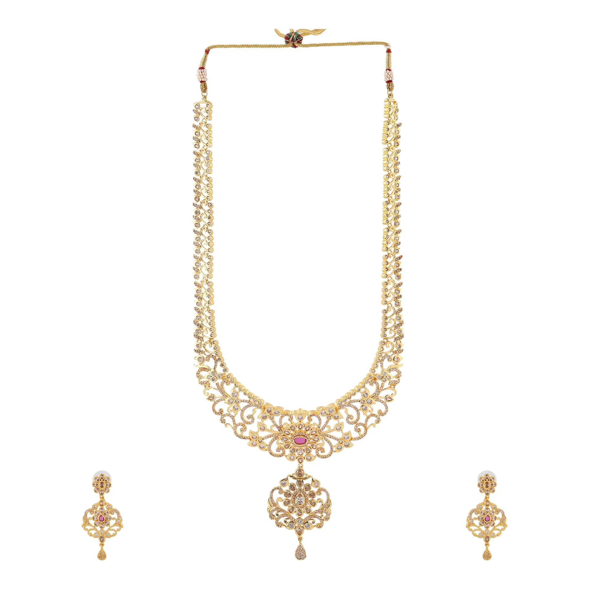 Estele Gold Plated CZ Stunning Filgari Bridal Necklace Set with Colored Stones & Pearl for Women