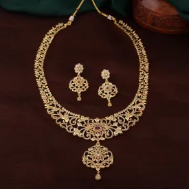 Estele Gold Plated CZ Stunning Filgari Bridal Necklace Set with Colored Stones & Pearl for Women