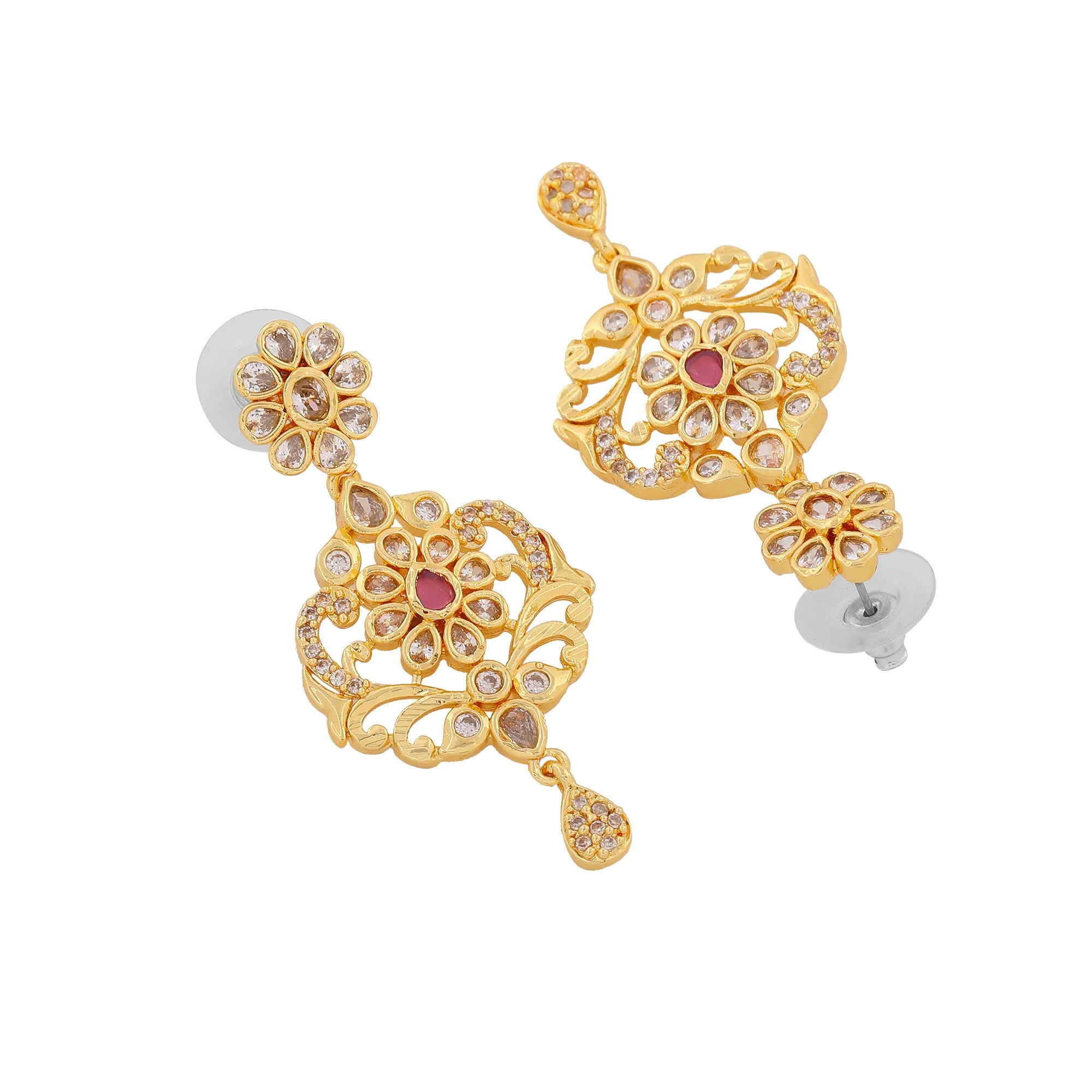 Estele Gold Plated CZ Stunning Filgari Bridal Necklace Set with Colored Stones & Pearl for Women