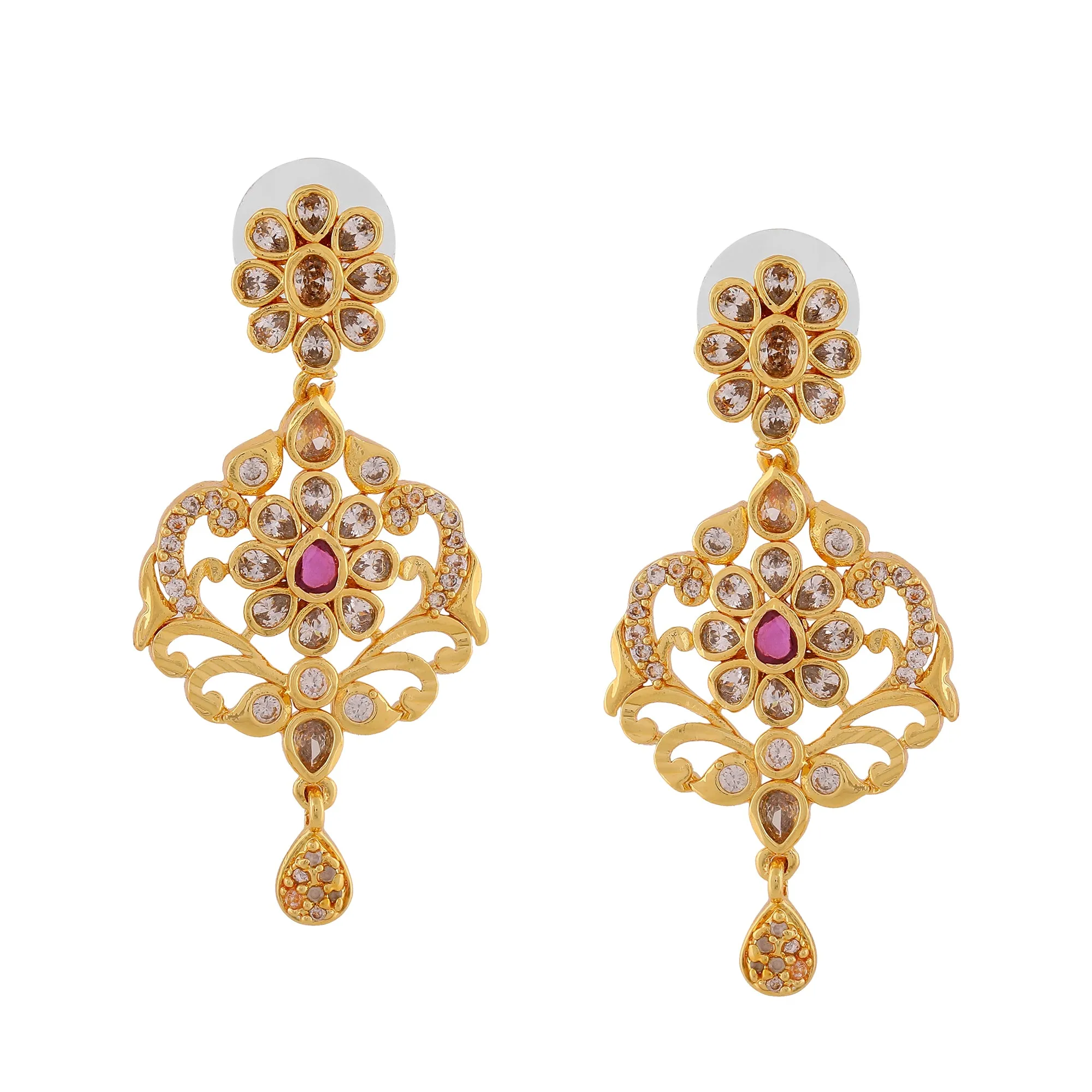 Estele Gold Plated CZ Stunning Filgari Bridal Necklace Set with Colored Stones & Pearl for Women