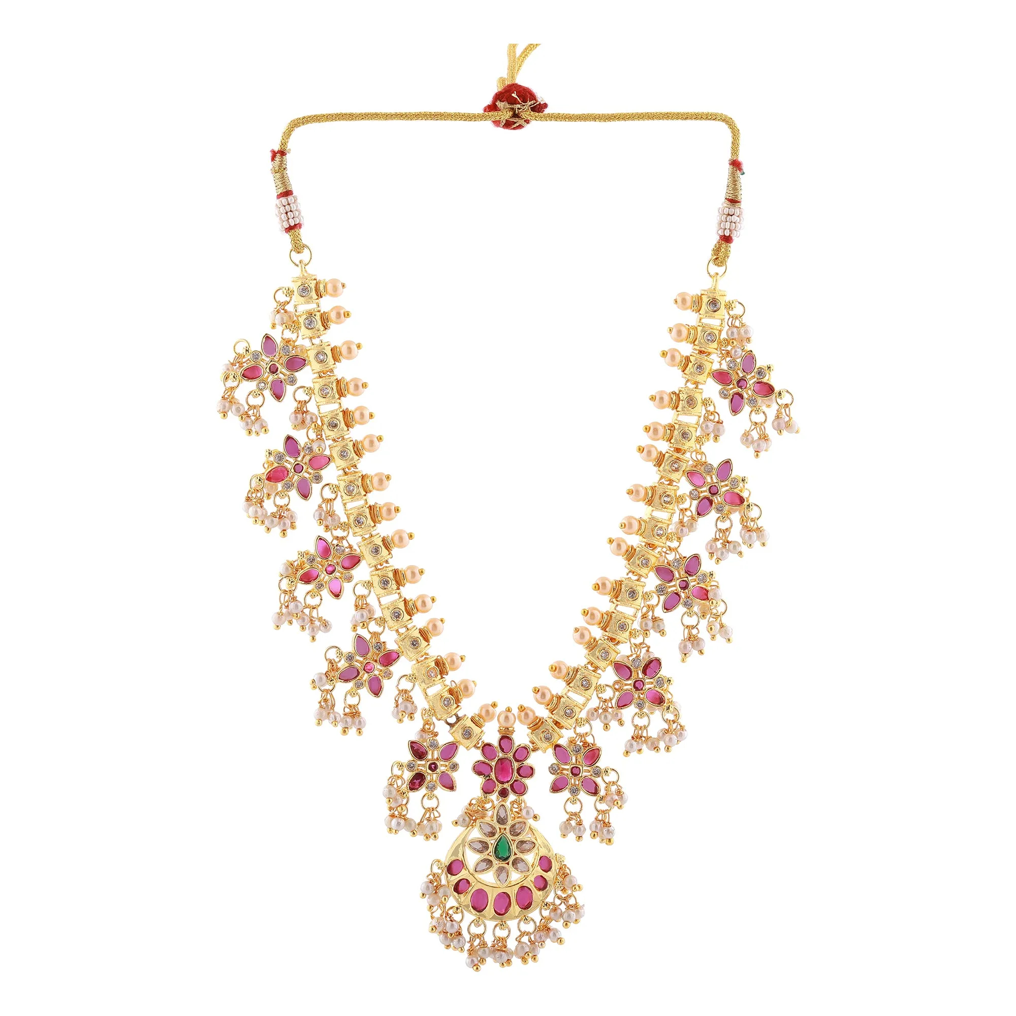 Estele Gold Plated CZ Traditional Machlipatnam Bridal Necklace Set with Pearls & Colored Crystals for Women