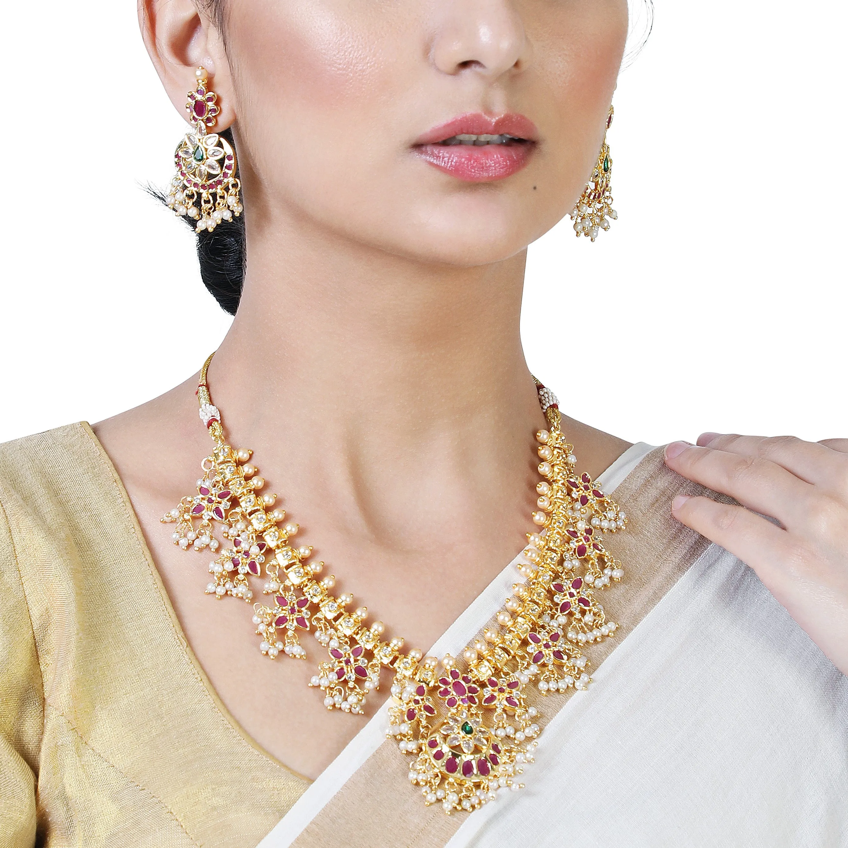 Estele Gold Plated CZ Traditional Machlipatnam Bridal Necklace Set with Pearls & Colored Crystals for Women