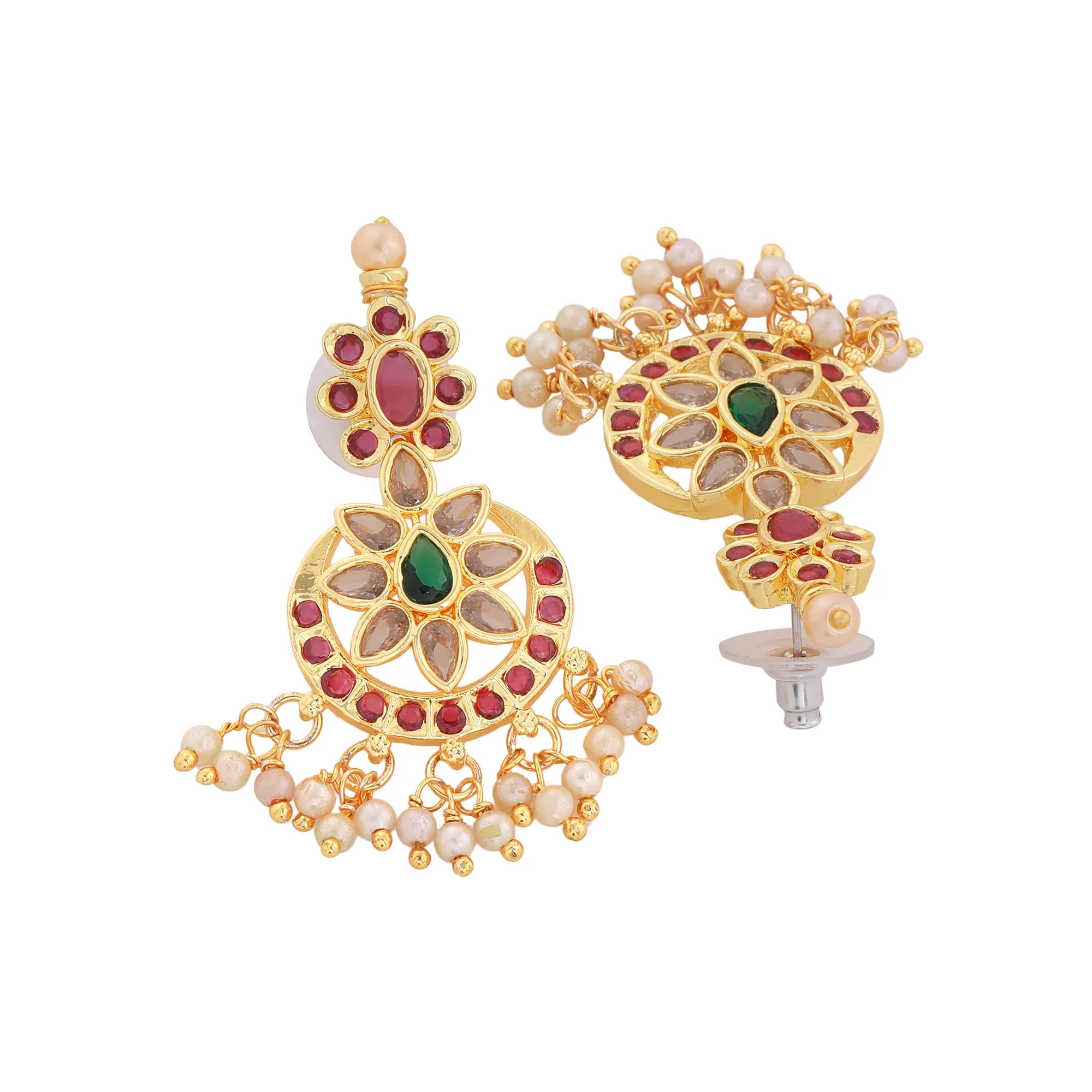 Estele Gold Plated CZ Traditional Machlipatnam Bridal Necklace Set with Pearls & Colored Crystals for Women