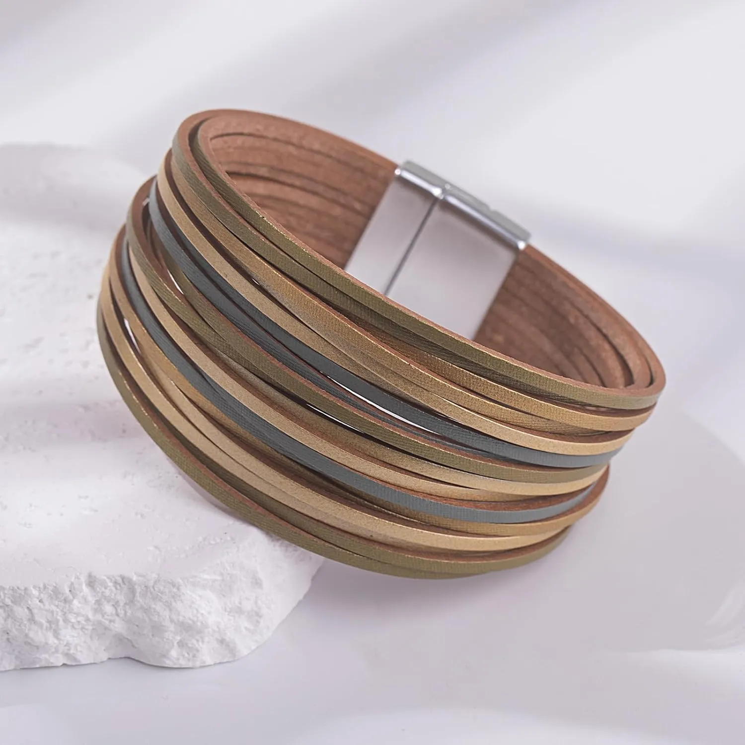 FANCY SHINY Boho Leather Wrap Bracelet Stackable Layered Bangle Cuff with Magnetic Clasp