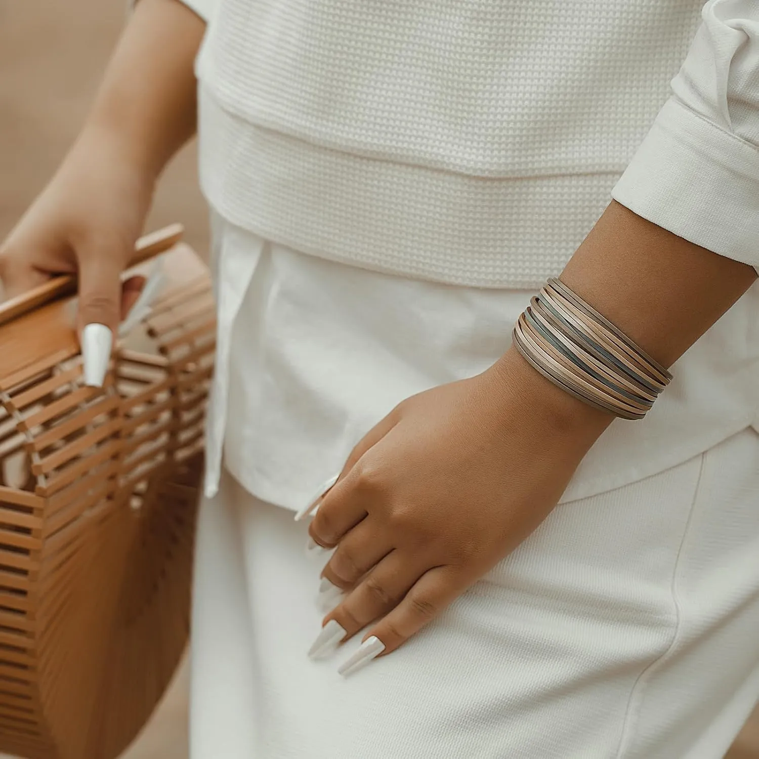 FANCY SHINY Boho Leather Wrap Bracelet Stackable Layered Bangle Cuff with Magnetic Clasp