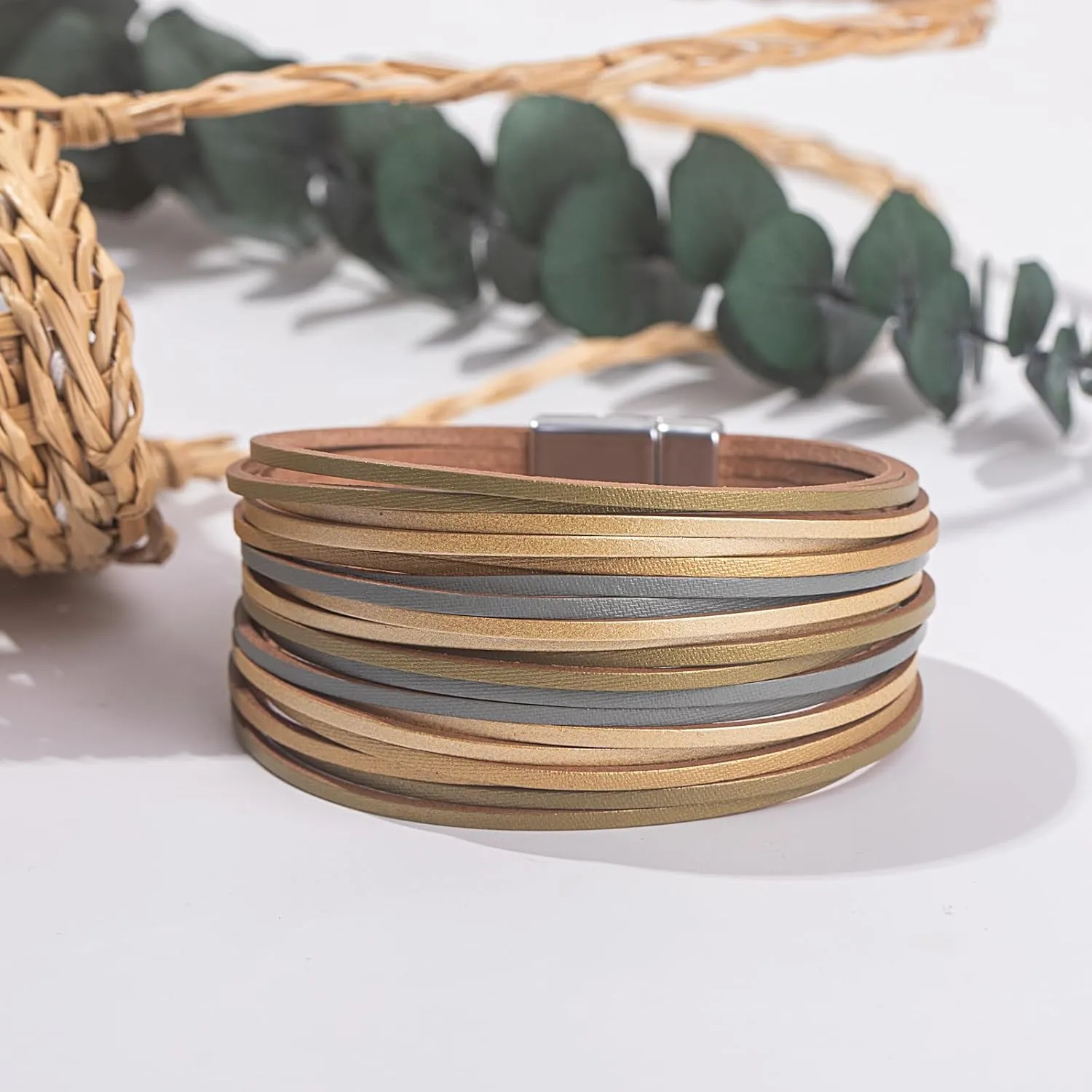 FANCY SHINY Boho Leather Wrap Bracelet Stackable Layered Bangle Cuff with Magnetic Clasp