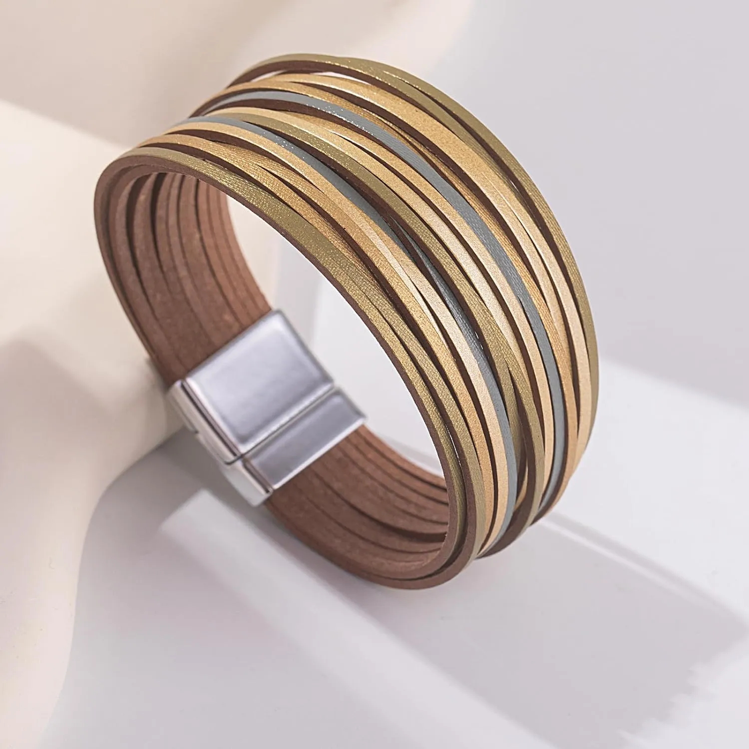 FANCY SHINY Boho Leather Wrap Bracelet Stackable Layered Bangle Cuff with Magnetic Clasp