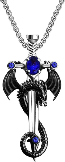 FUTIMELY Gothic Dragon Sword Cross Pendant Necklace - Punk Zircon Dragon Pendant - Vintage Wrapped Sword - Dark Gothic Jewelry for Men & Women