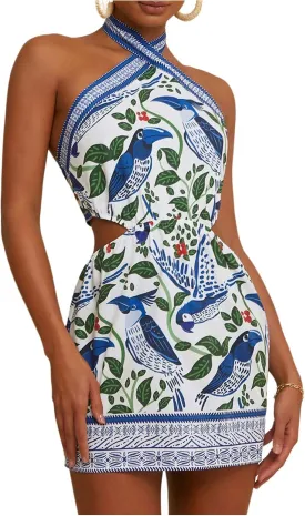 MakeMeChic Women's Chiffon Printed Halter Dress Tie Backless Criss Cross Cut Out Summer Mini Dresses