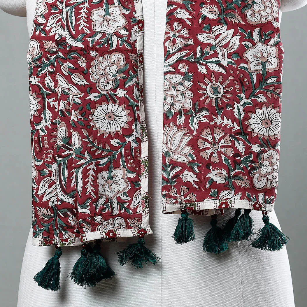 Maroon - Sanganeri Block Printed Cotton Stole with Tassels