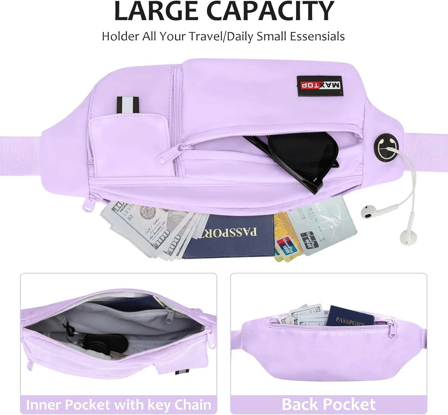 MAXTOP Large Crossbody Fanny Pack Running Travel Belts for Women Men,Water Resistant Belt Bag for Fitness Yoga Jogging Hiking Dog Waliking,Running Accessories Waist Pack Passport Bag Fits All Phones