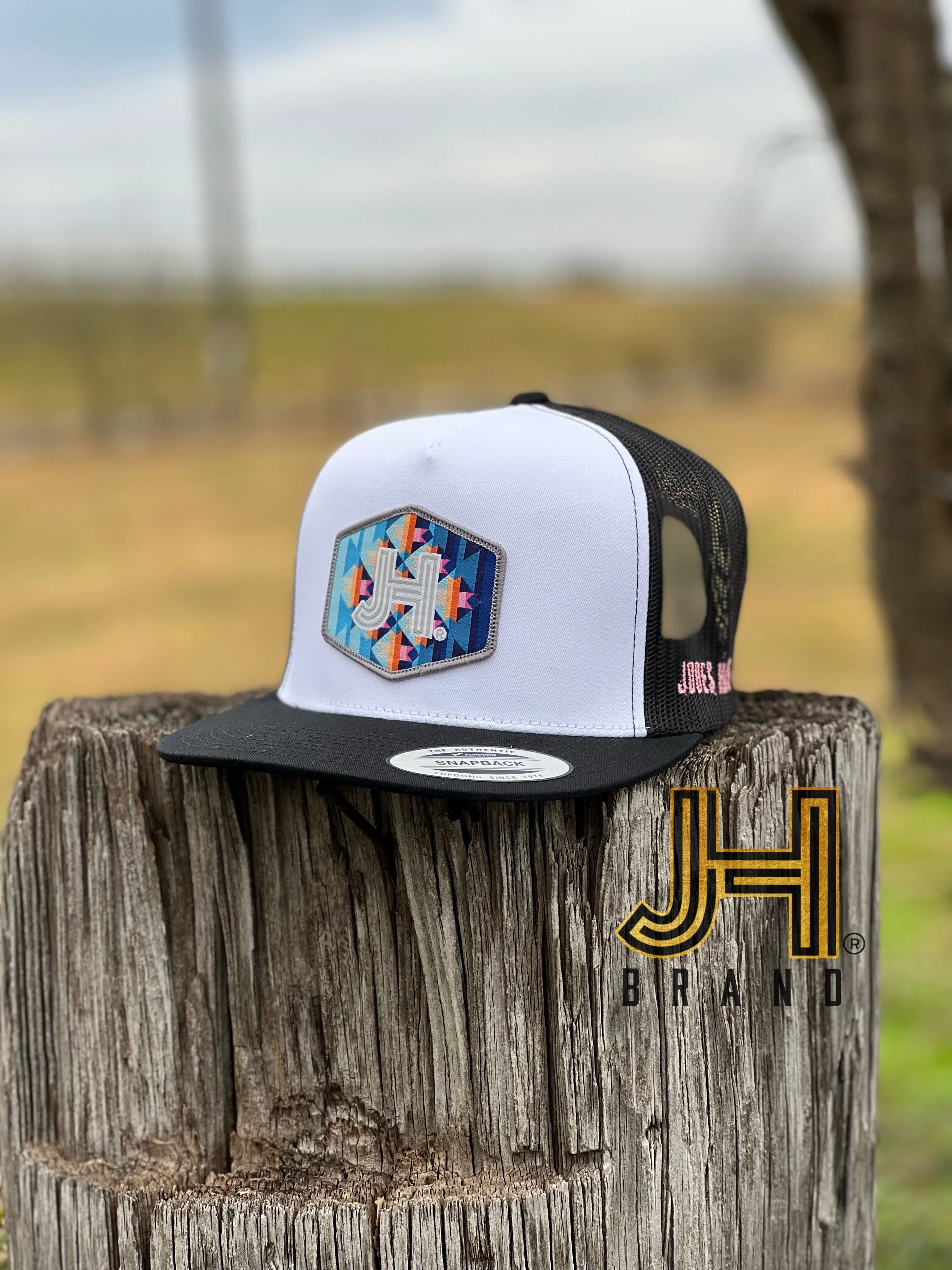 New 2022 Jobes Trucker Cap-  White/Black JH Multi Aztec Patch