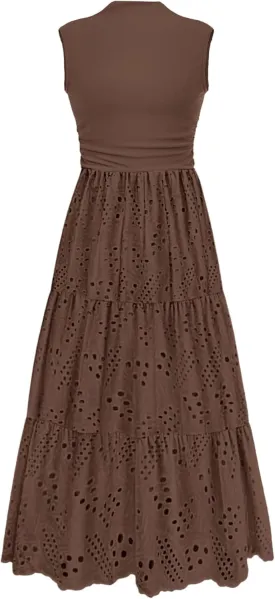 PRETTYGARDEN Summer Dresses for Women 2025 Casual Eyelet Sleeveless Wedding Guest Maxi Dress Tank Top Sundress with Pockets