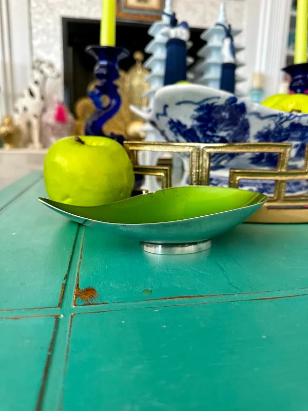 Silverplate Dish, Reed and Barton, Pear Shaped, Green Enamel, Catchall Dish