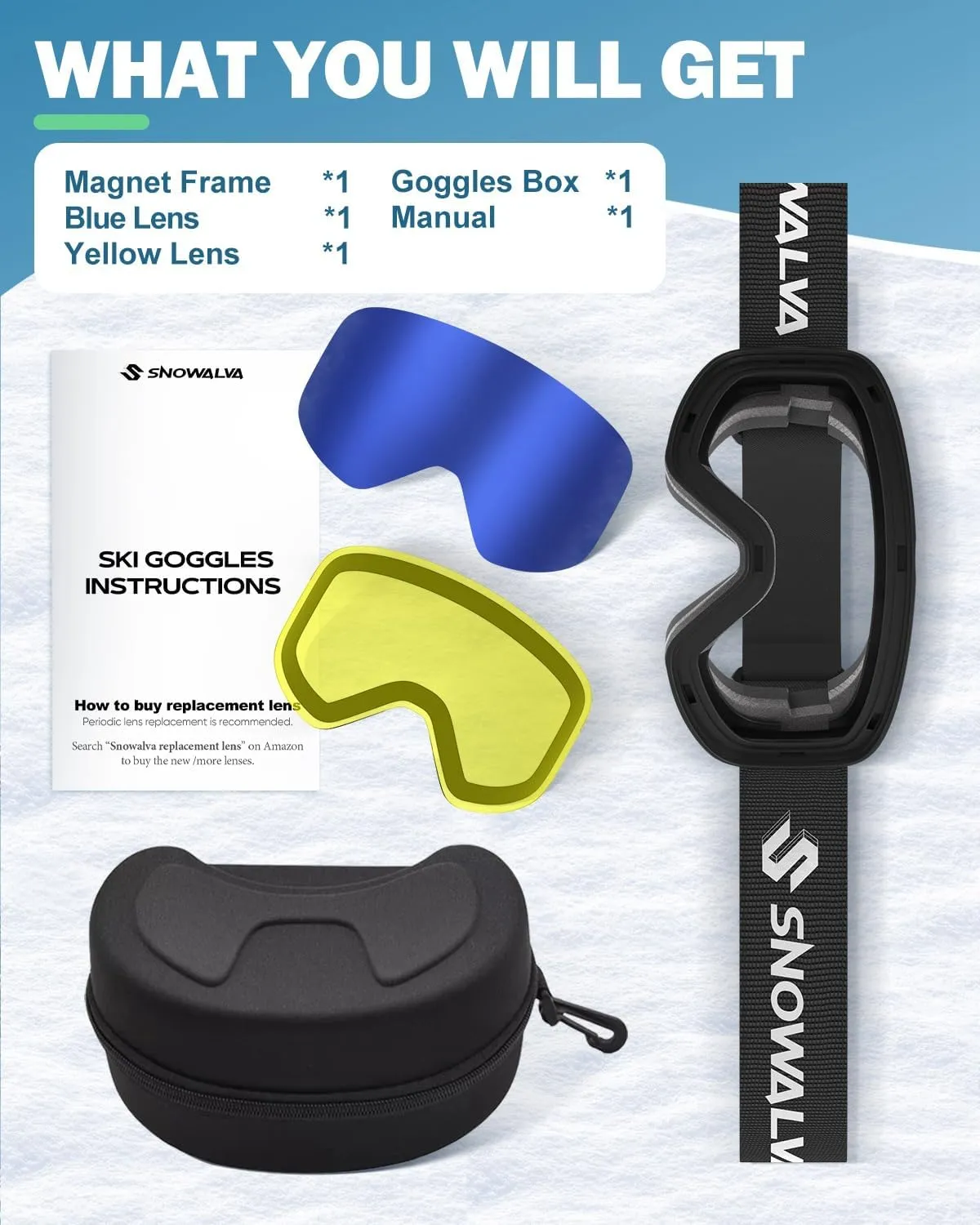 Ski Goggles, Frameless Snowboard Goggles with 2 UV400 Magnet Ski Lenses for Men & Women