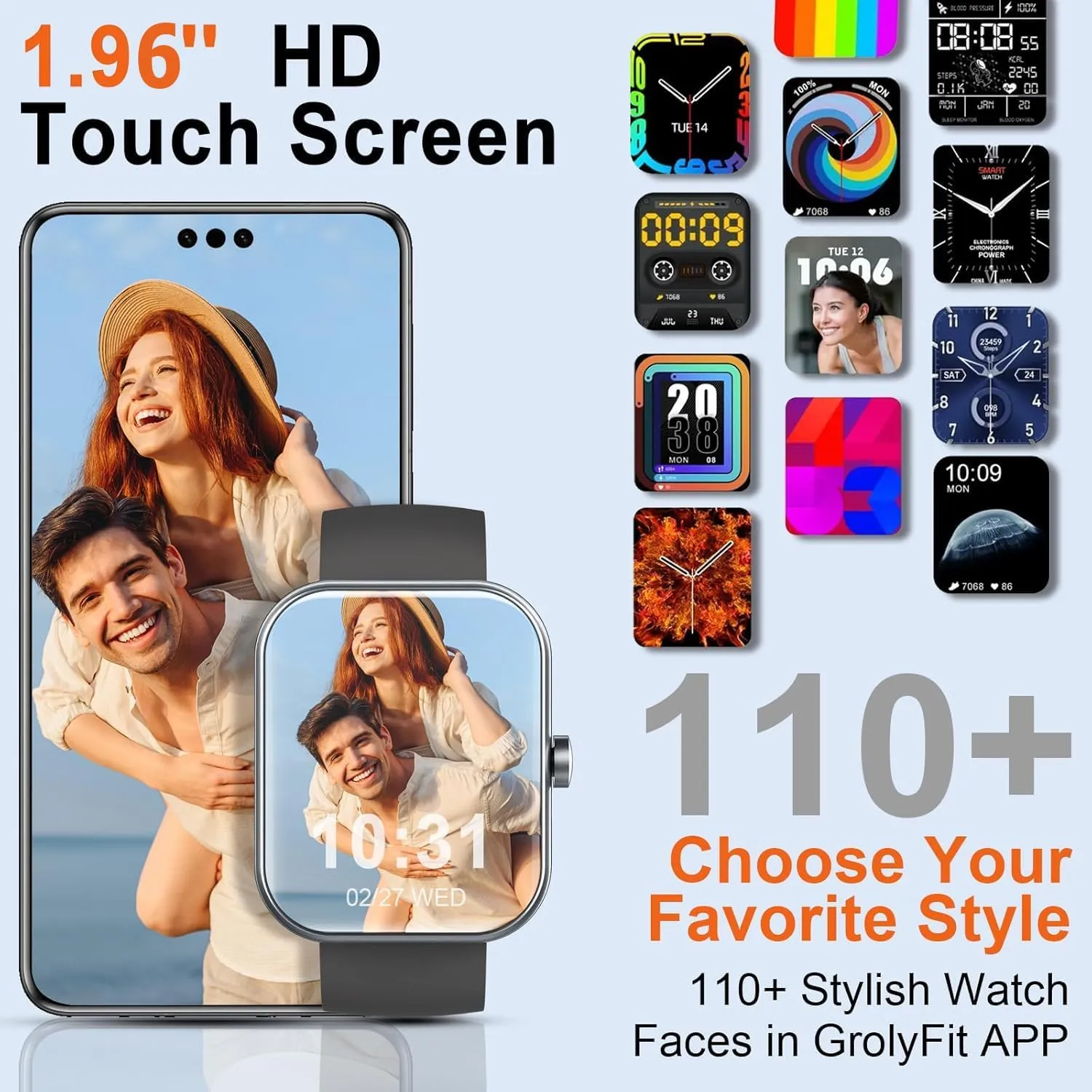 Smart Watch for Men Women(Answer/Make Calls), 1.96" HD Smartwatch, Fitness Tracker with 110  Sport Modes, IP68 Waterproof, Heart Rate/Sleep/Step Monitor, Pedometer, Activity Tracker for Android iOS