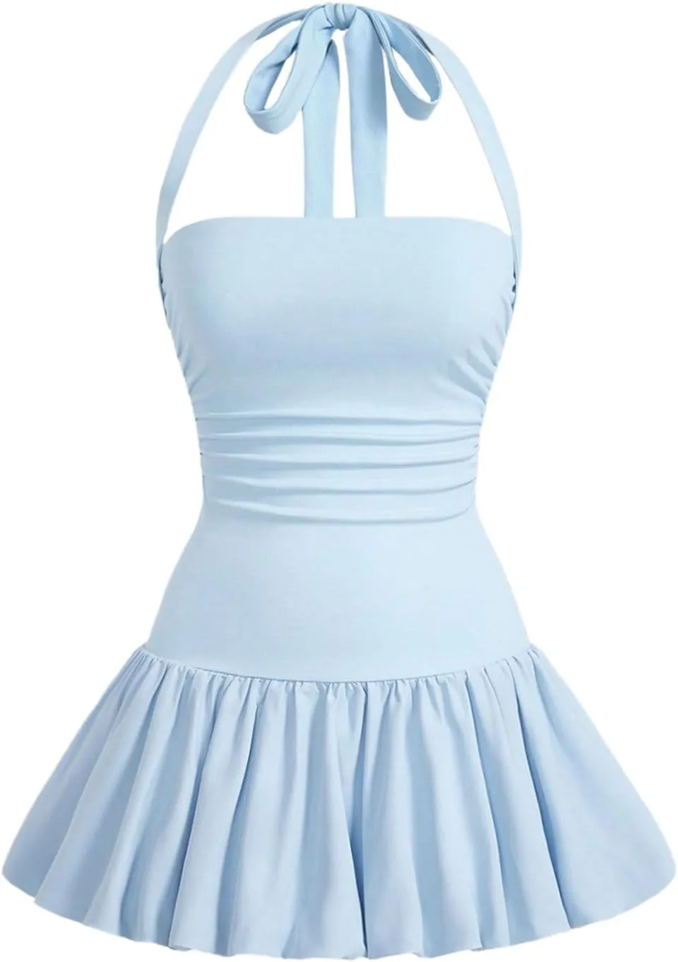 SOLY HUX Women's Bubble Mini Dress Y2K Halter Backless Club Party Graduation Short Dresses with Shorts Underneath